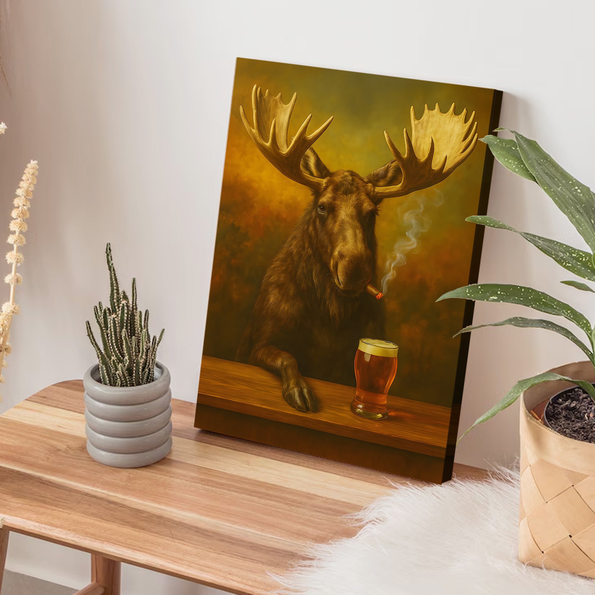 Moose Smoking & Drinking Canvas - Rustic Bar Wall Art Hunting Lodge & Man Cave Decor