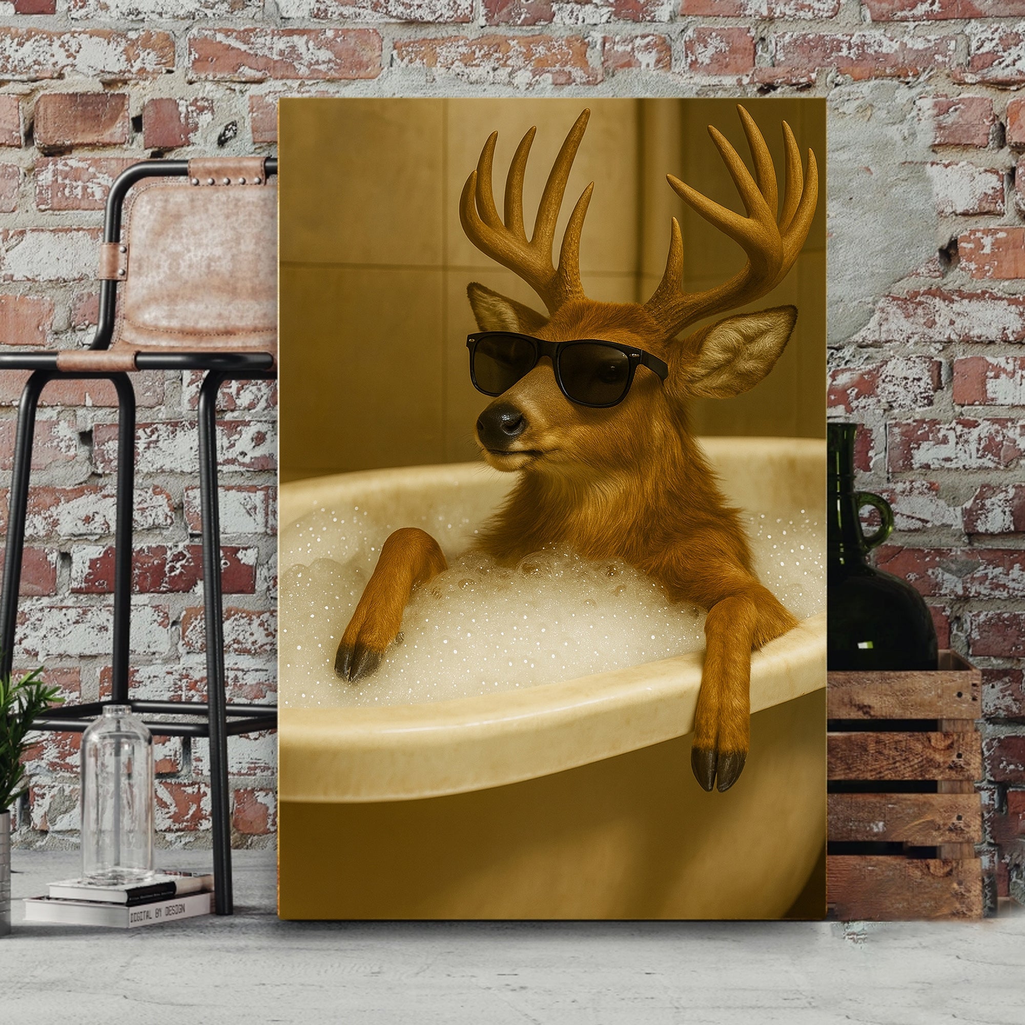 Funny Deer Wall Art – Cool Buck in Bathtub Poster for Hunters & Rustic Cabin Decor