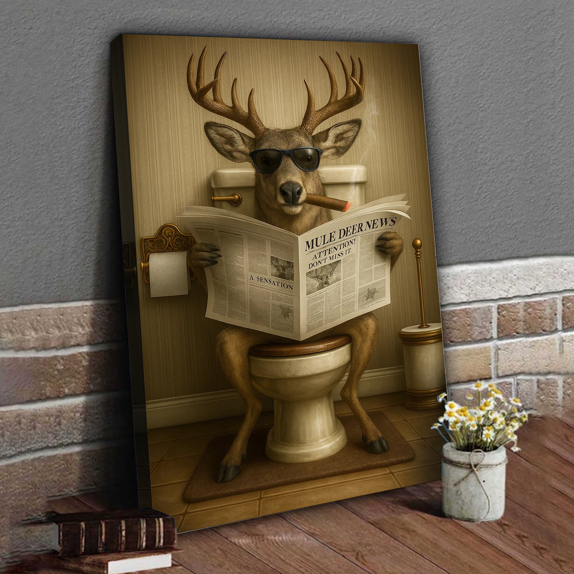 Funny Mule Deer Newspaper Bathroom Canvas Wall Art – Wildlife Animal Poster - Unique Gift for Dad, Hunters & Outdoorsmen