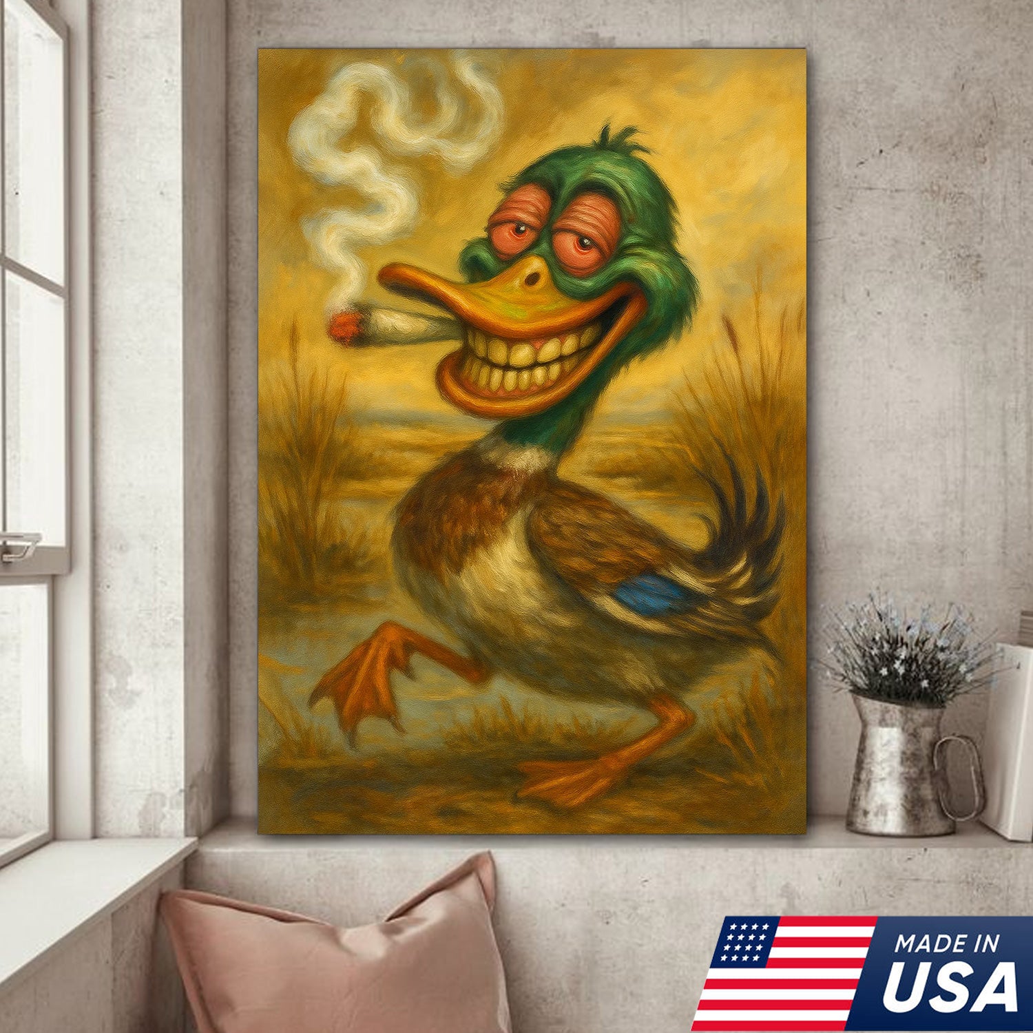 Funny Duck Smoking Cigar Canvas Wall Art – Rustic Hunting Cabin Decor, Man Cave & Lodge Gift