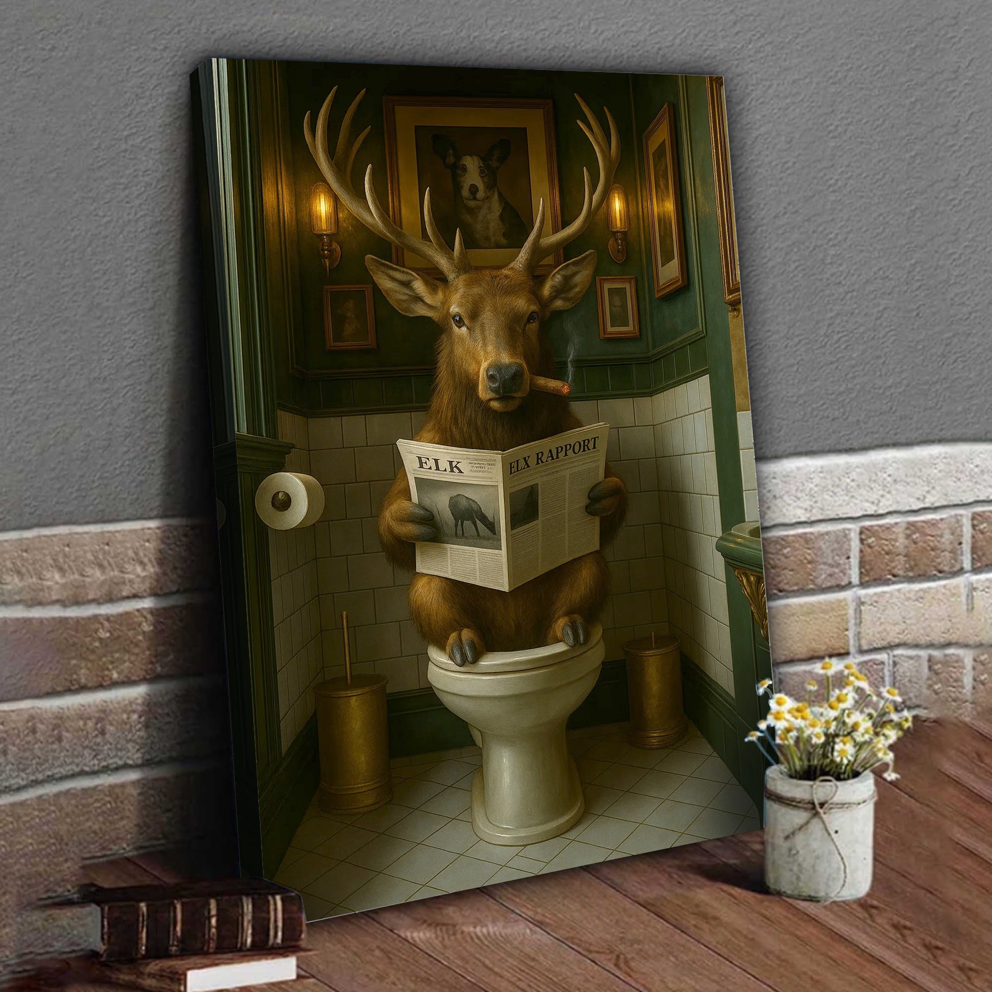 Funny Elk Bathroom Canvas – Smoking-Smoking Deer Reading Newspaper on Toilet - Rustic Cabin Wall Art for Hunters