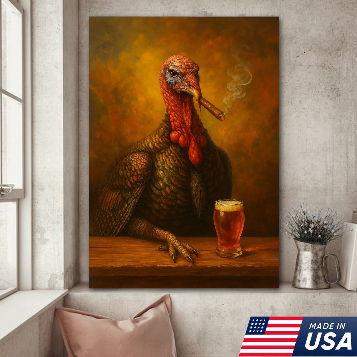 Funny Turkey Drinking Cocktail Glasses and Smoking Canvas – Rustic Farmhouse Wall Art