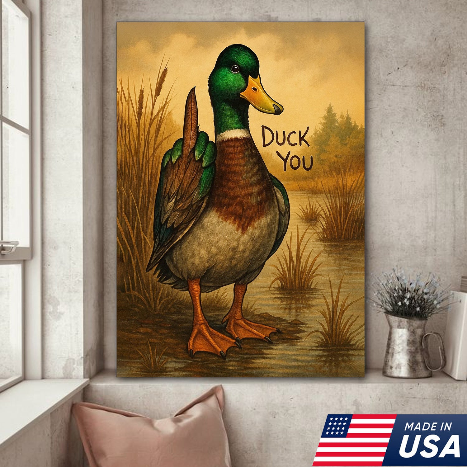 Funny Mallard Duck Canvas Wall Art – Cheeky Bathroom Decor, Rustic Lake House & Farmhouse Print