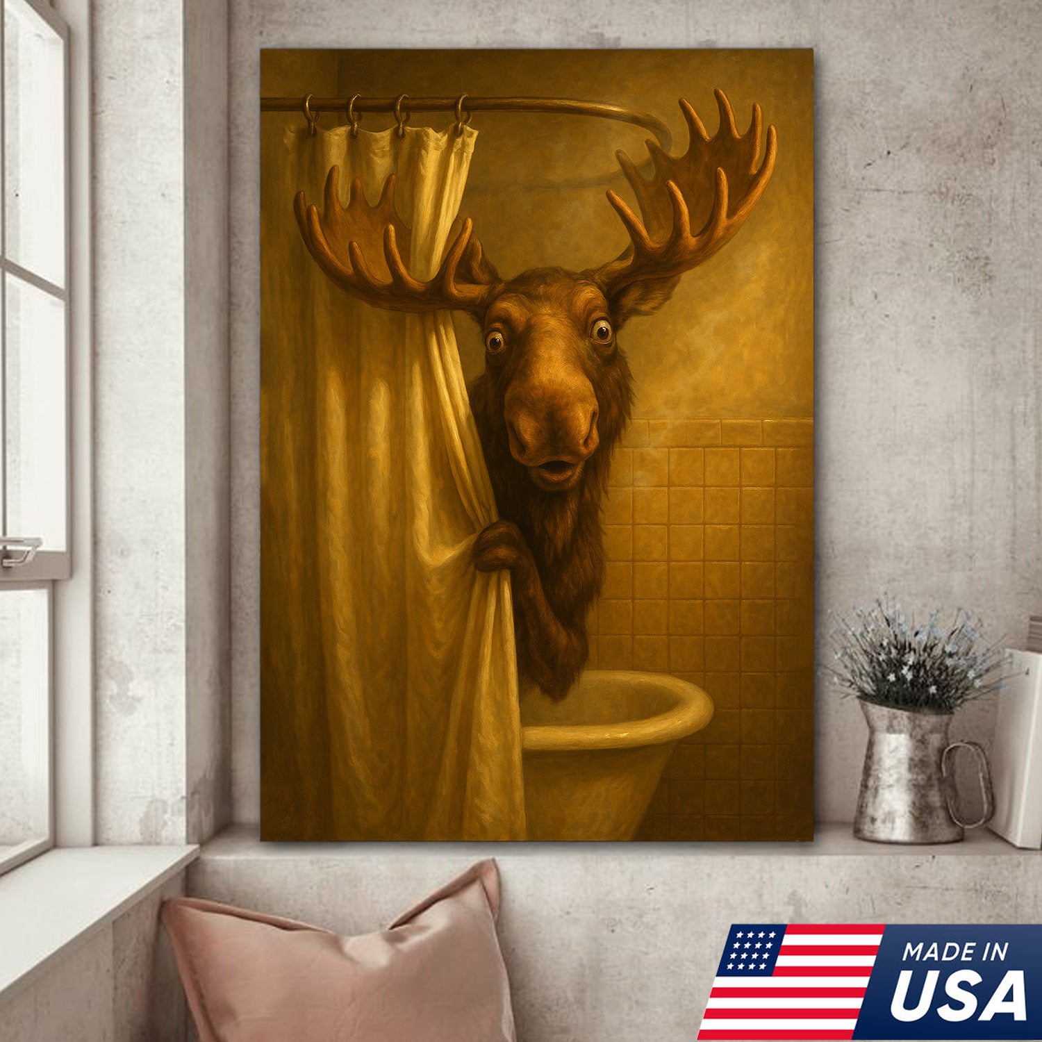Funny Moose Bathroom Canvas Wall Art – Rustic Lodge Cabin Decor for Bathroom, Man Cave & Rustic Homes