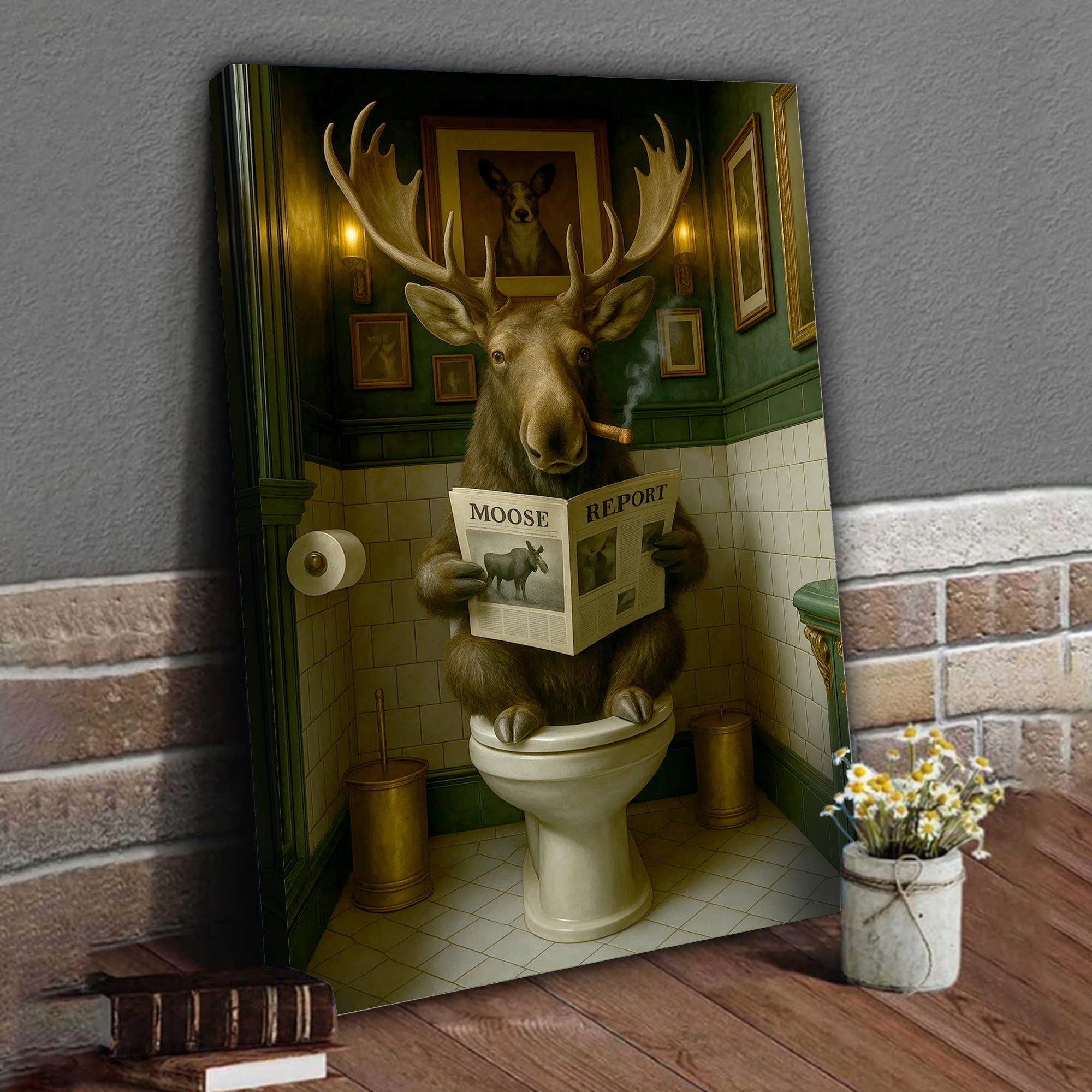 Funny Moose Bathroom Poster Canvas – Rustic Lodge Wall Art with Moose Reading ‘Moose Report’ - Gift for Hunters & Men
