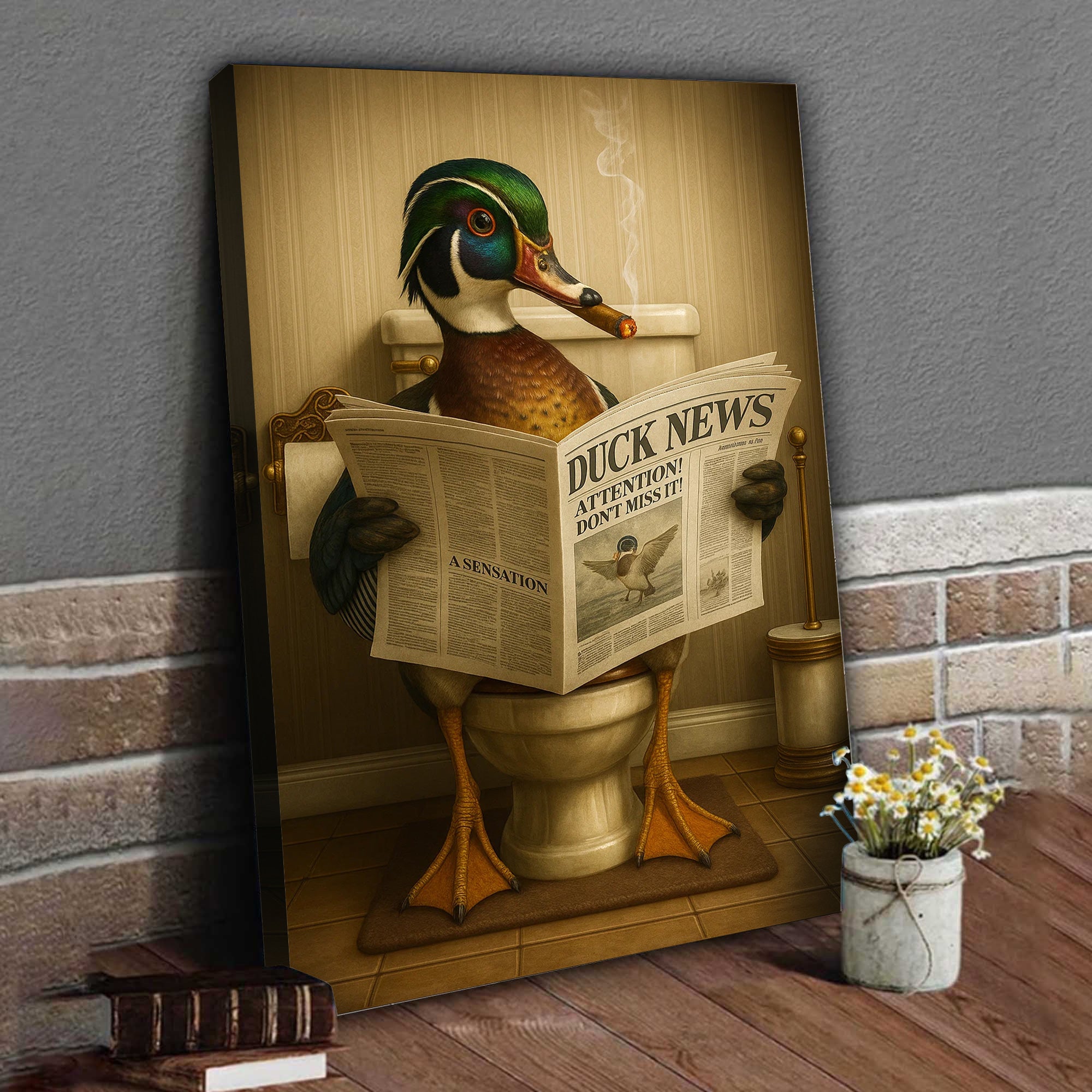 Funny Wood Duck Read Newspaper Bathroom Canvas – Hunting Wildlife Animal Poster - Unique Gift for Dad, Hunters