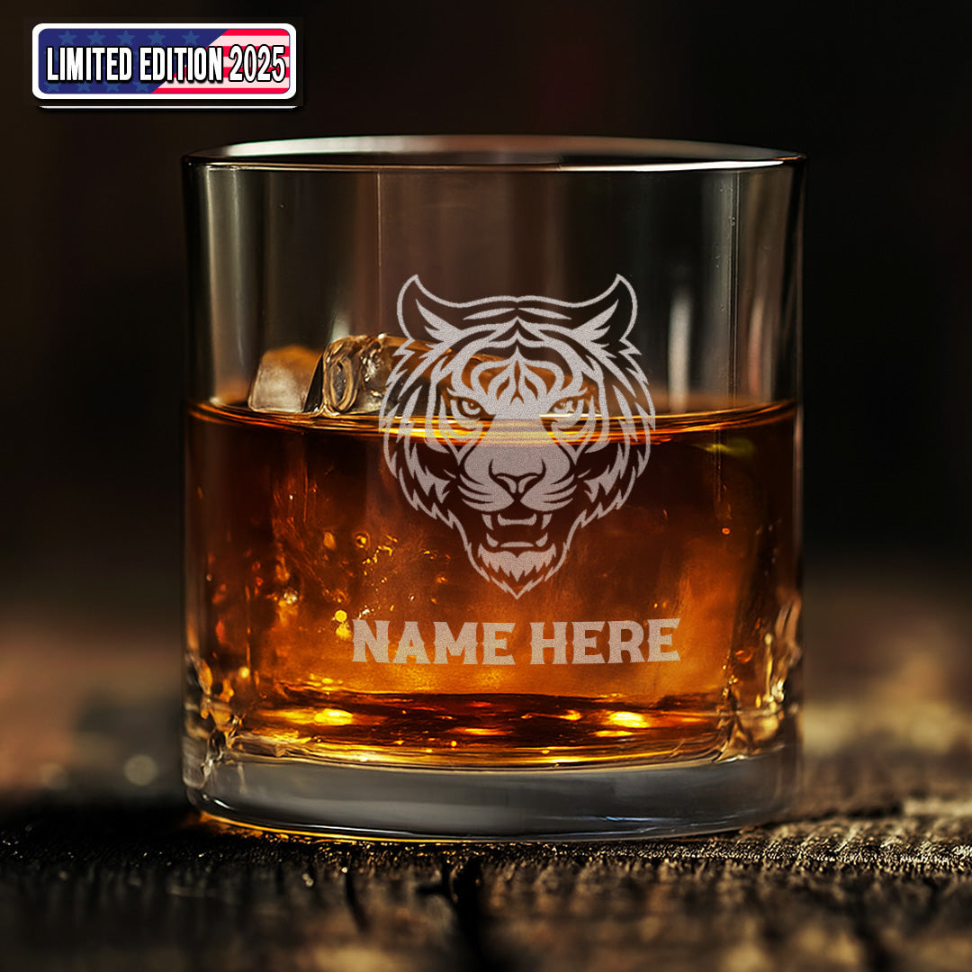 Personalized Tiger Engraved Whiskey Glass – Custom Name Rocks Glass Gift for Bold Whiskey Drinkers & Hunters