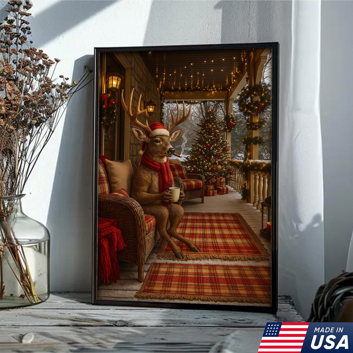 Christmas Deer Porch Canvas Wall Art, Cozy Cabin Reindeer With Scarf Holiday Print, Rustic Plaid Farmhouse Christmas Decor