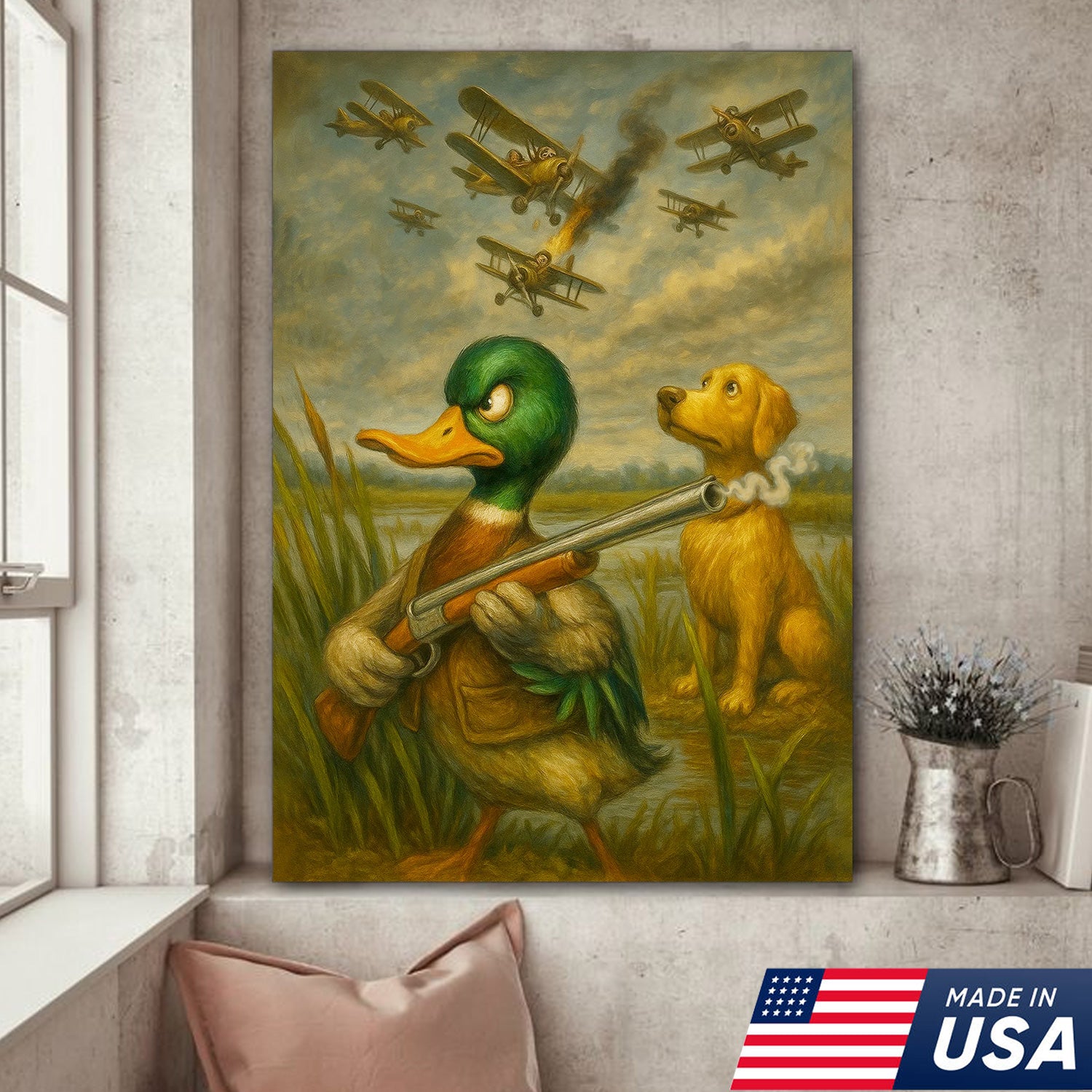 Funny Duck with Shotgun Canvas Wall Art – Hunting Dog & Airplane Battle Rustic Decor, Man Cave Lodge Gift