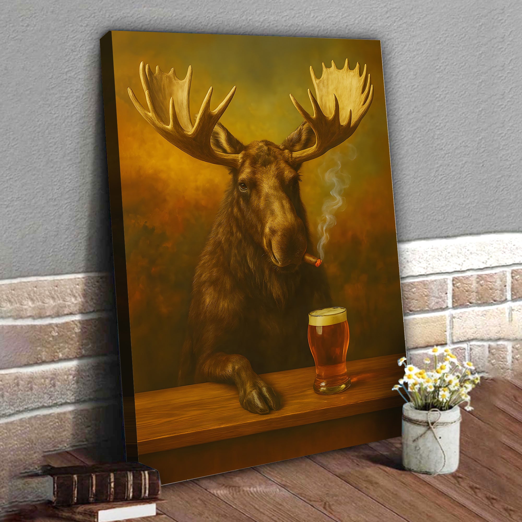 Moose Smoking & Drinking Canvas - Rustic Bar Wall Art Hunting Lodge & Man Cave Decor