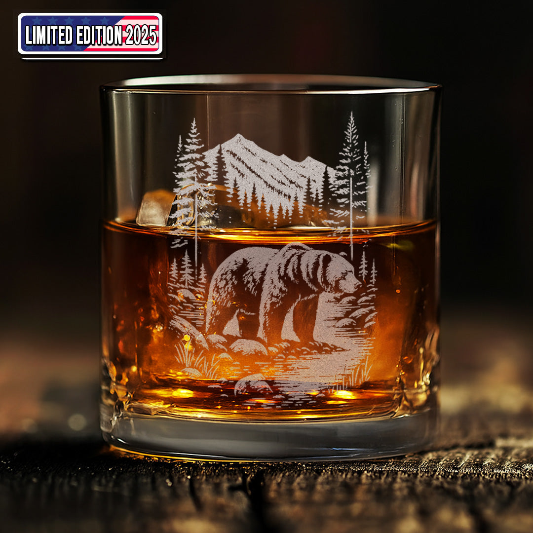 Bear Forest Engraved Whiskey Glass, Rustic Barware Gift for Hunters, Outdoorsmen & Whiskey Lovers