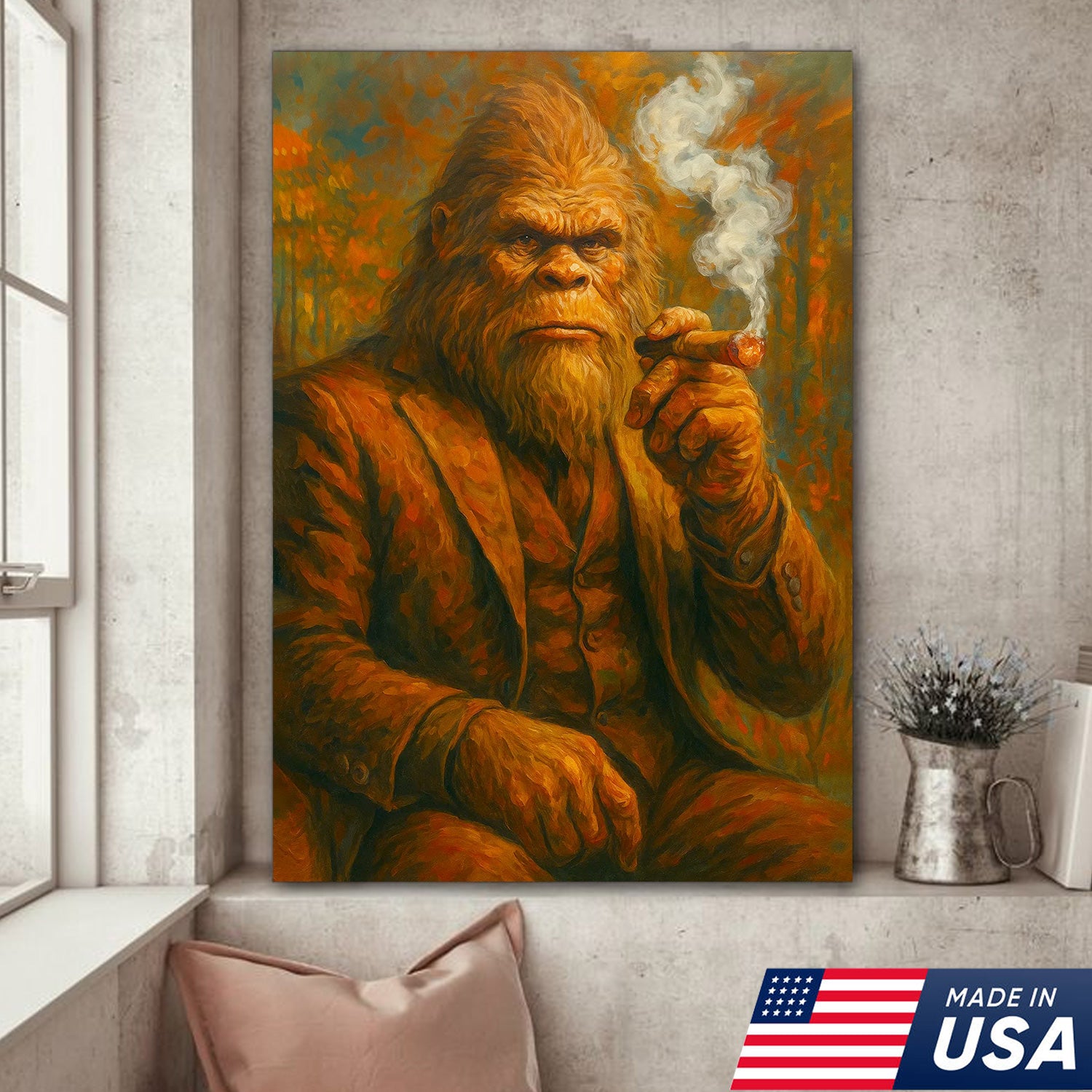 Bigfoot Smoking Canvas, Sasquatch Wall Art Print for Man Cave, Rustic Cabin & Smoking Lounge