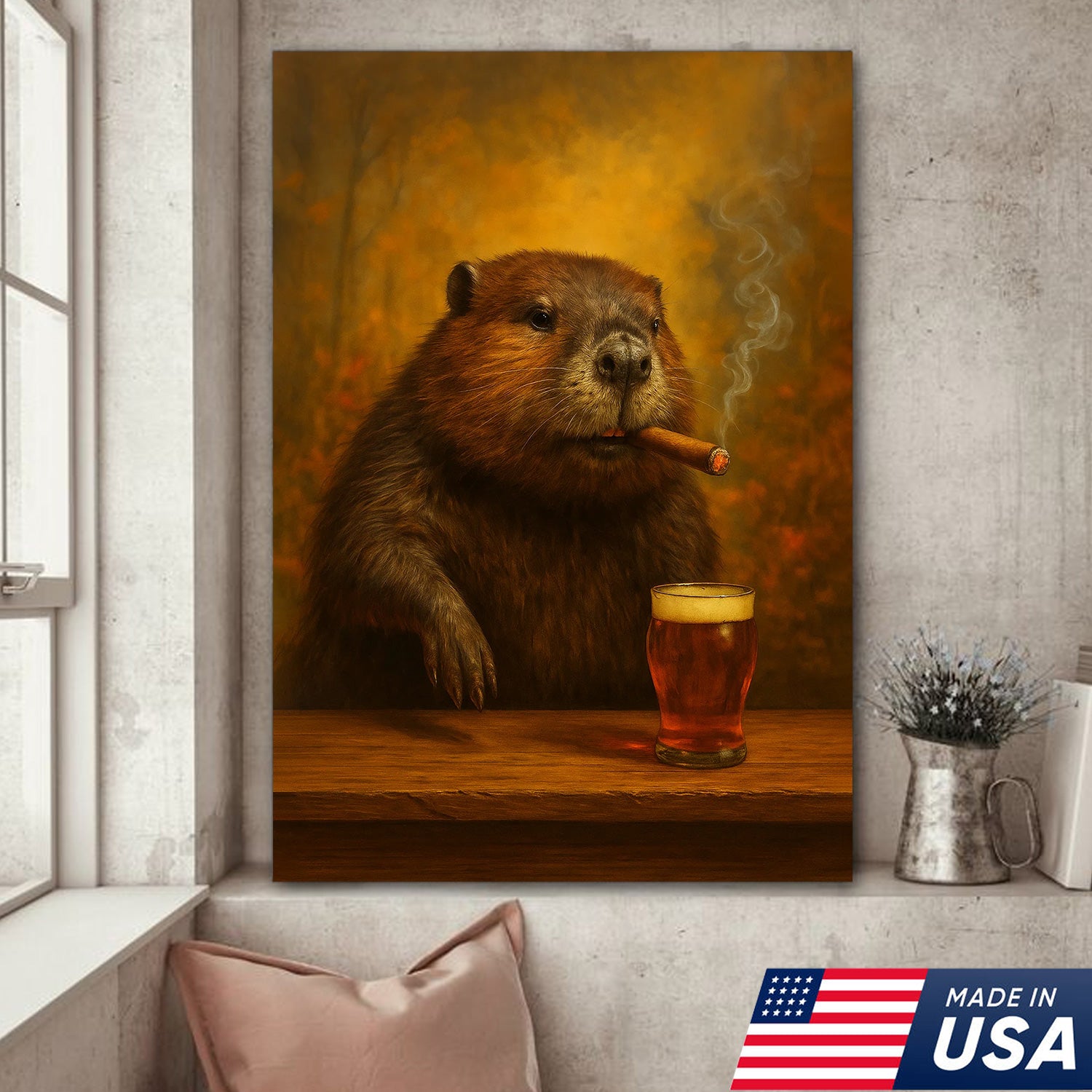 Funny Beaver Smoking with Cocktail Glasses Canvas – Rustic Cabin & Hunting Lodge Wall Art