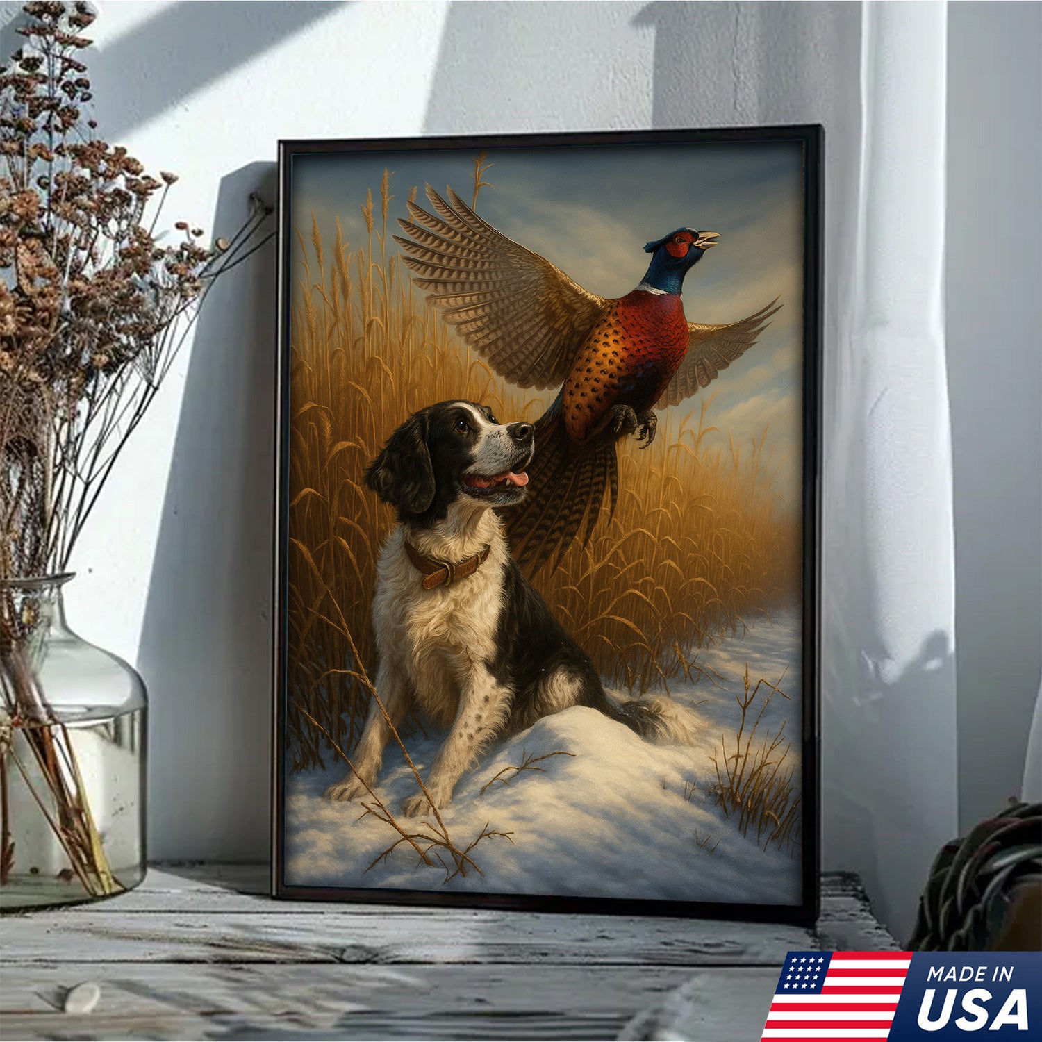 Hunting Dog & Pheasant in Winter Field Canvas – Classic Wildlife Wall Art for Lodge & Nature Decor