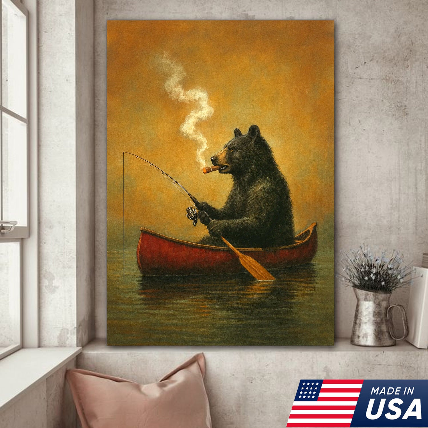 Bear Smoking Fishing Canvas, Funny Lodge Wall Art, Canoe Fishing Rustic Cabin Wall Art