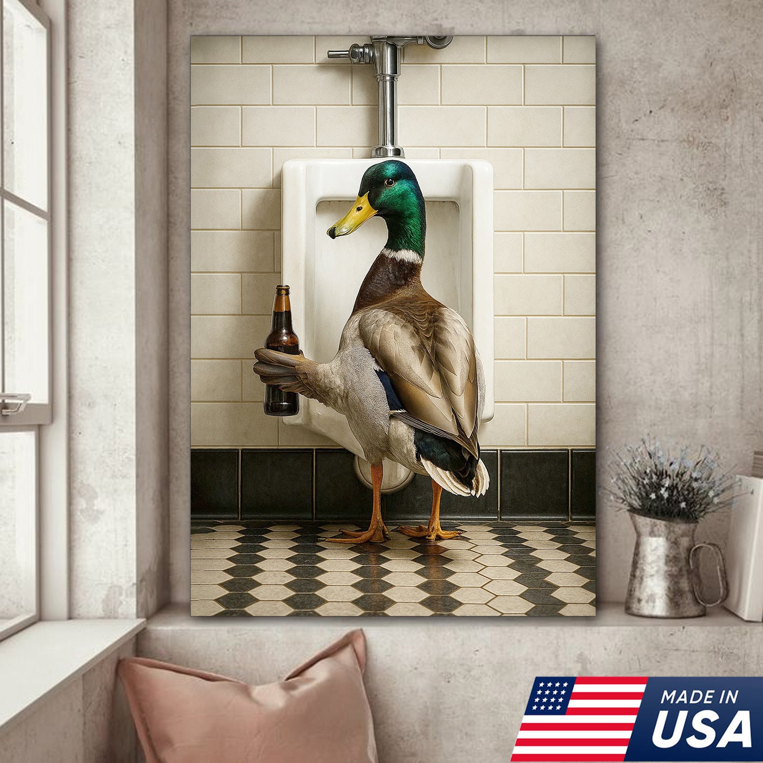 Funny Mallard Duck Holding Beer Bathroom Canvas – Duck at Urinal Wall Art, Rustic Cabin & Man Cave Decor