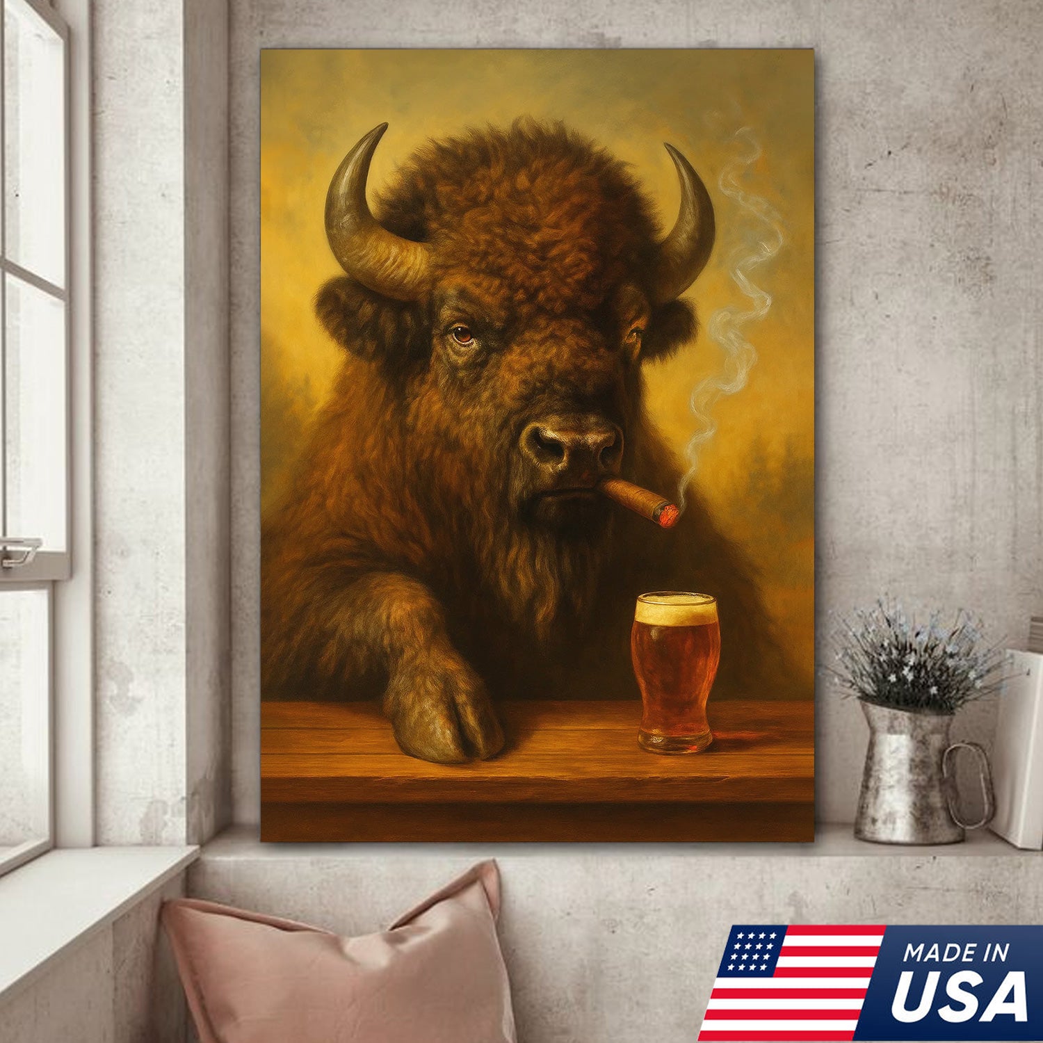 Funny Bison Smoking & Drinking Canvas Wall Art - Rustic Bar & Hunting Lodge Decor