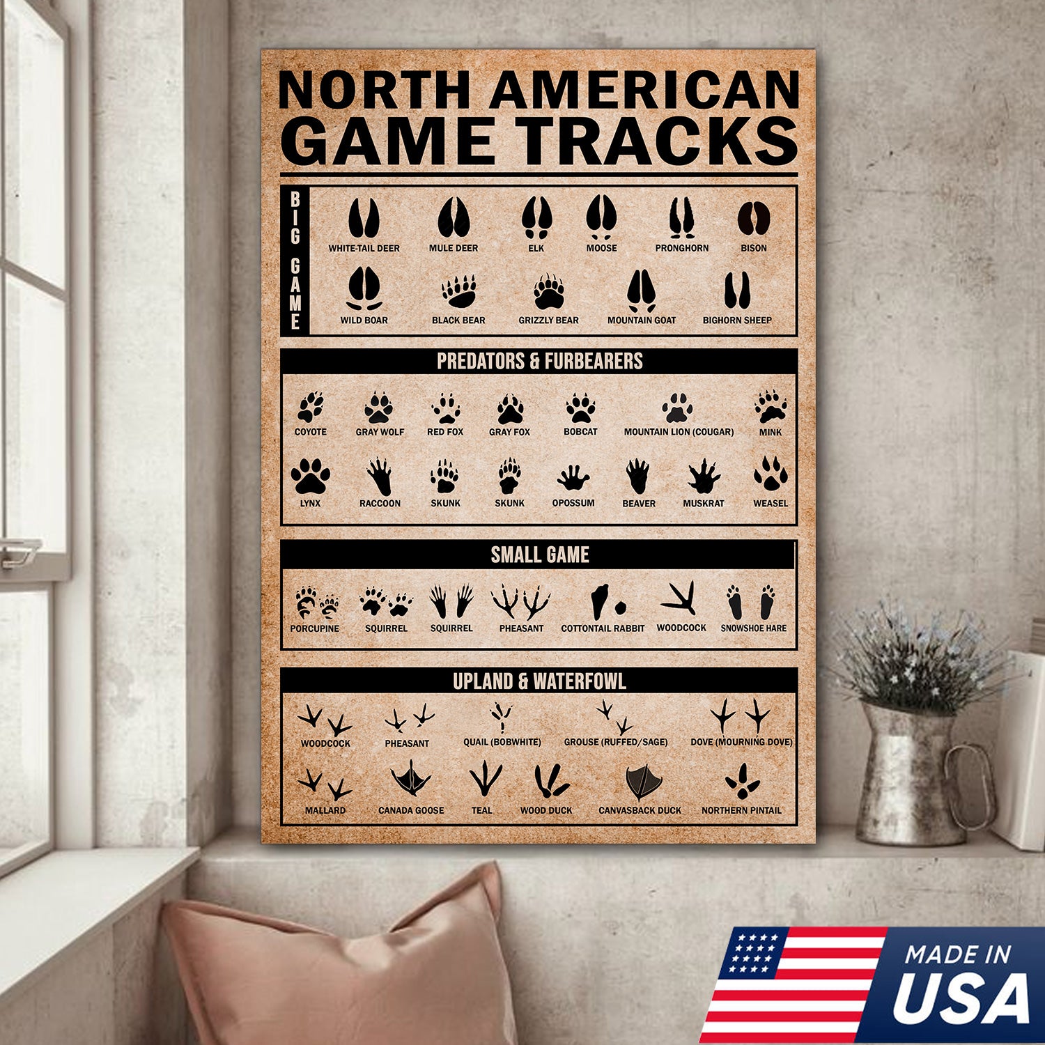 North American Game Tracks Canvas, Hunting Lodge Wall Art, Rustic Cabin Canvas Decor