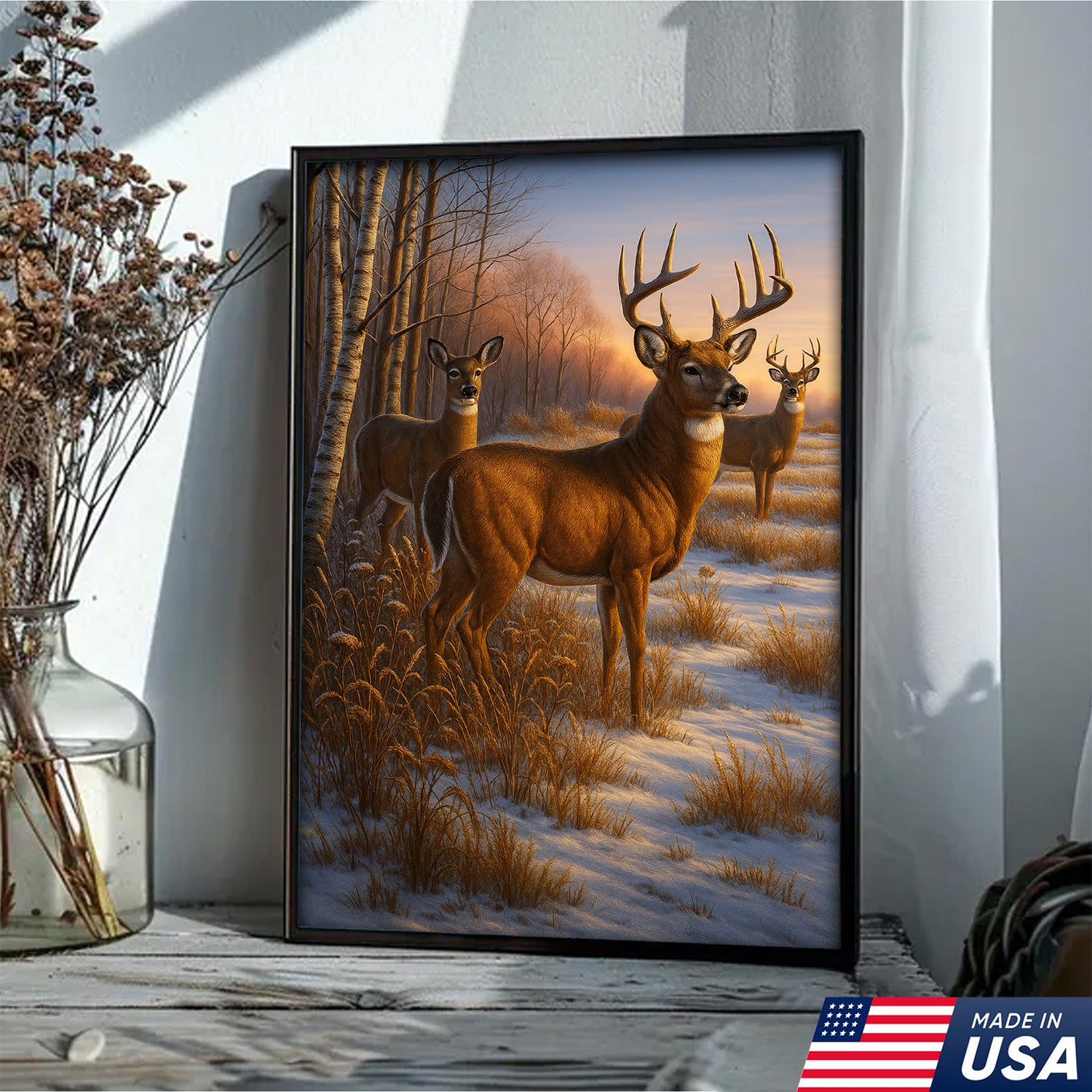 Majestic Deer in Winter Forest Canvas – Realistic Wildlife Canvas Wall Art for Hunters