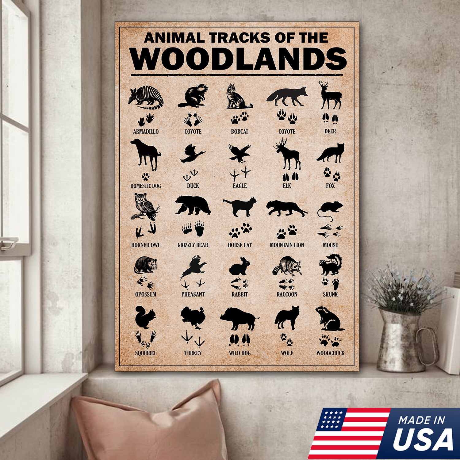 Animal Tracks of the Woodlands Canvas Wall Art, Wildlife Footprint Chart, Rustic Hunting Cabin & Educational Decor
