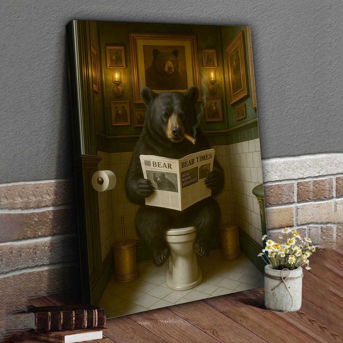 Funny Bear Hunting Bathroom Canvas – Black Bear On Toilet Reading Newspaper - Rustic Lodge Decor for Dad or Hunters
