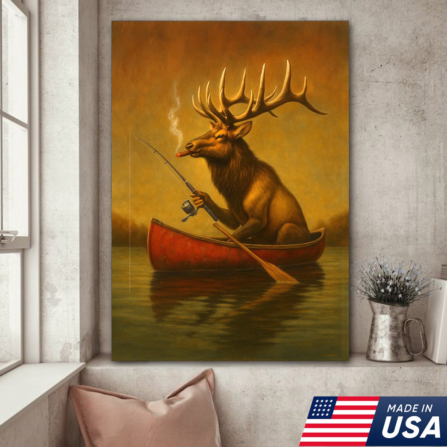 Funny Elk Fishing Canvas Wall Art – Rustic Cabin Decor for Hunters & Fishermen