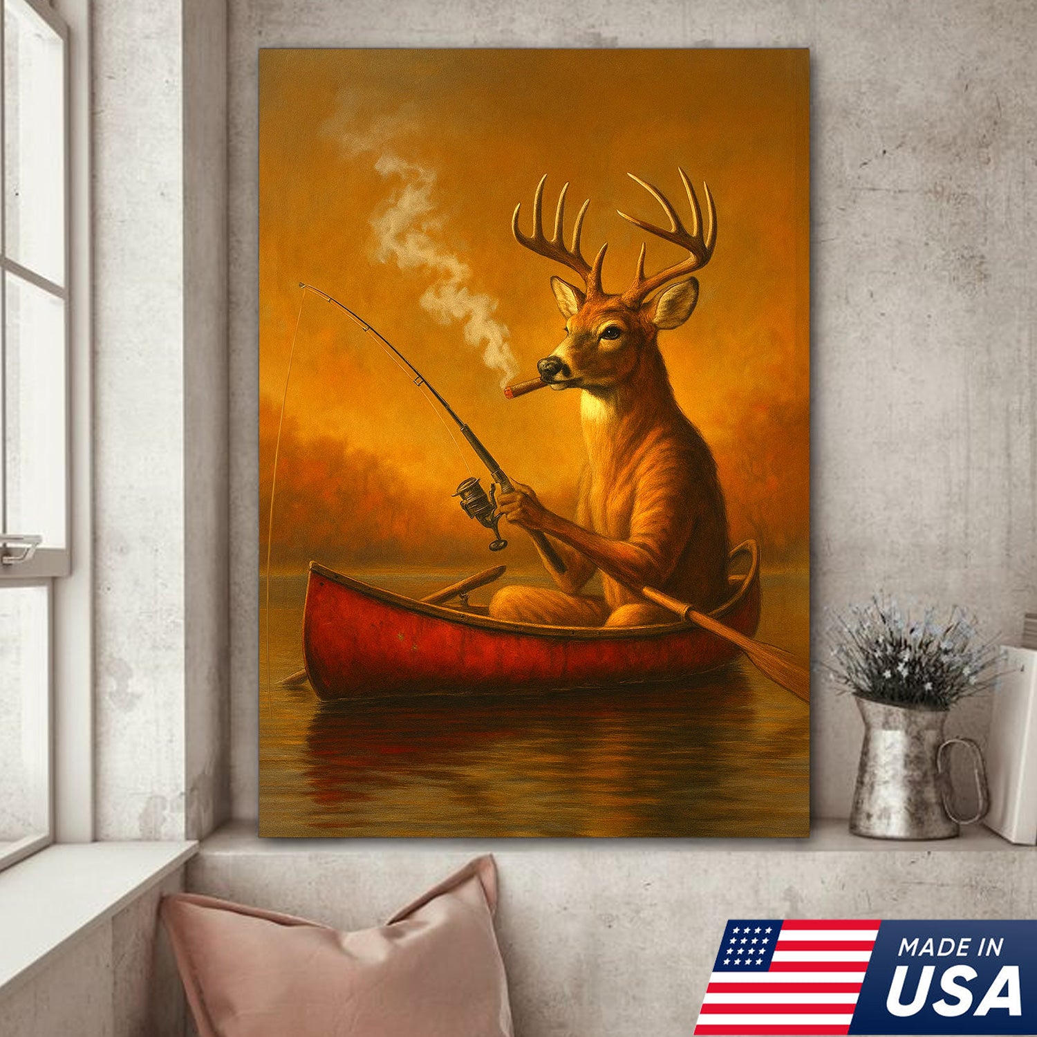 Rustic White Tailed Deer Fishing Canvas, Funny Hunting Wall Art for Fisherman & Hunter Gift Decor