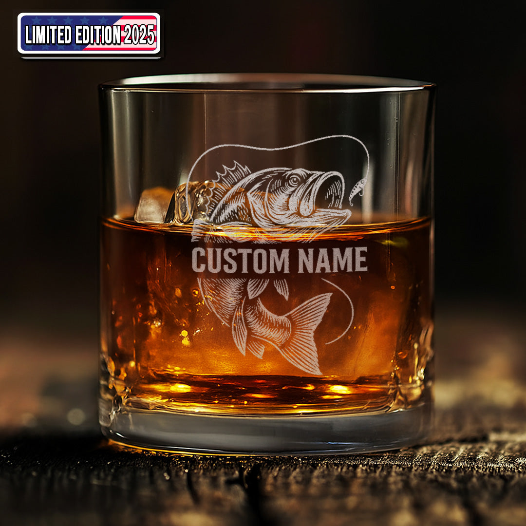 Personalized Whiskey Glass – Bass Fish Engraved Custom Glass, For Fishing Lovers, Man Cave Decor