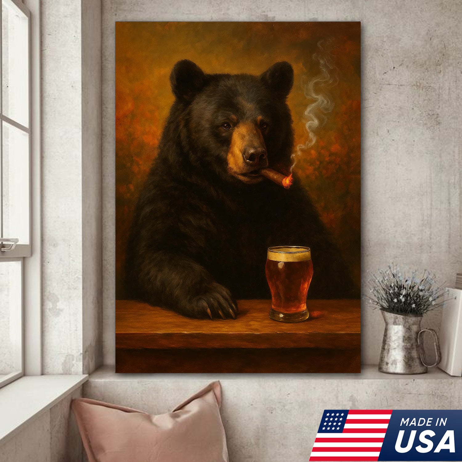 Funny Bear Drinking Cocktail Glasses & Smoking Canvas Wall Art - Rustic Bar & Hunting Lodge Decor