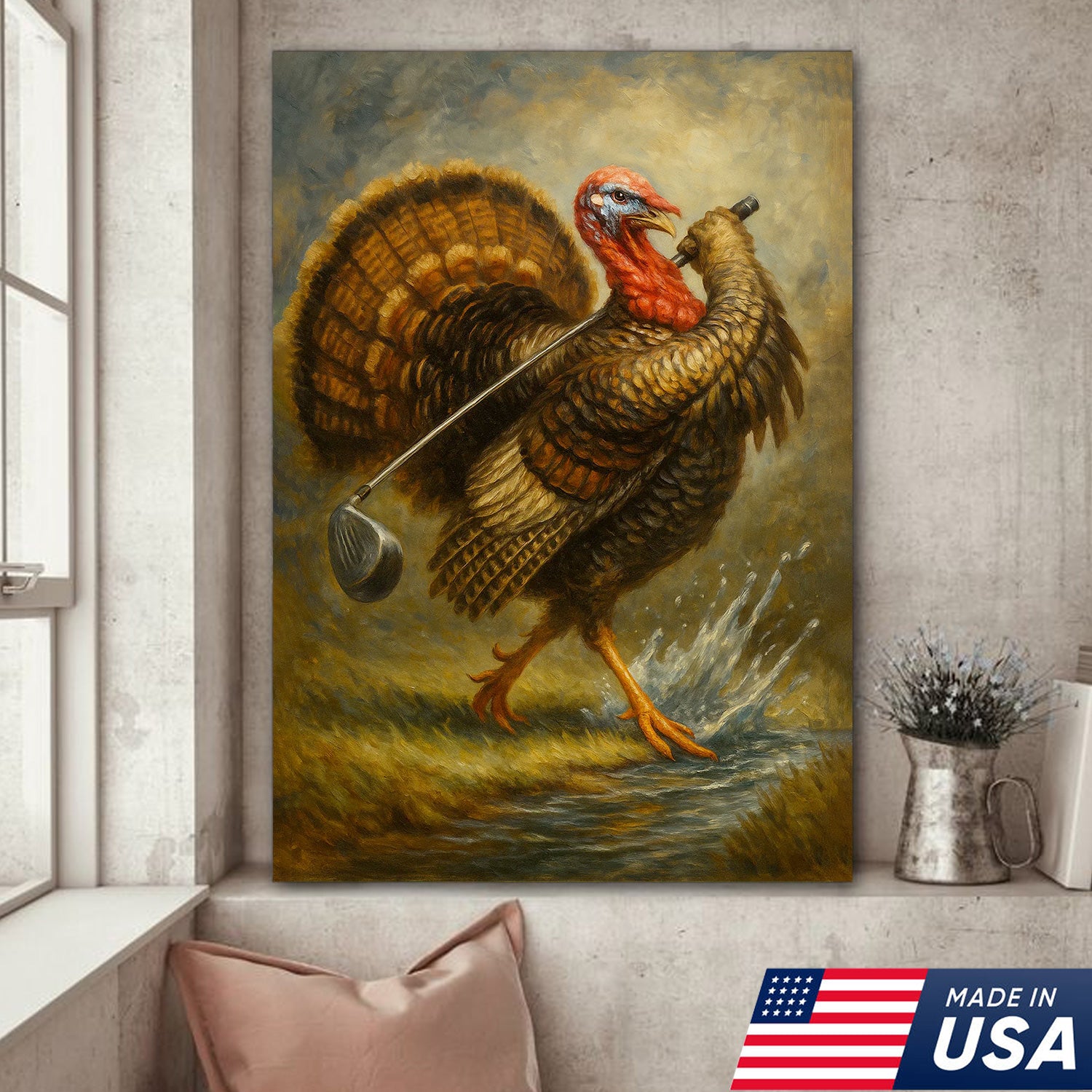 Funny Turkey Playing Golf Canvas Wall Art – Rustic Cabin Lodge Decor, Man Cave & Golfer Gift