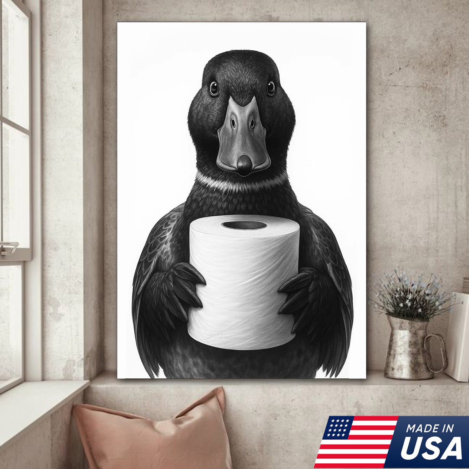 Mallard Duck Canvas Wall Art, Funny Animal Portrait Holding Toilet Paper, Black and White Bathroom Decor Print