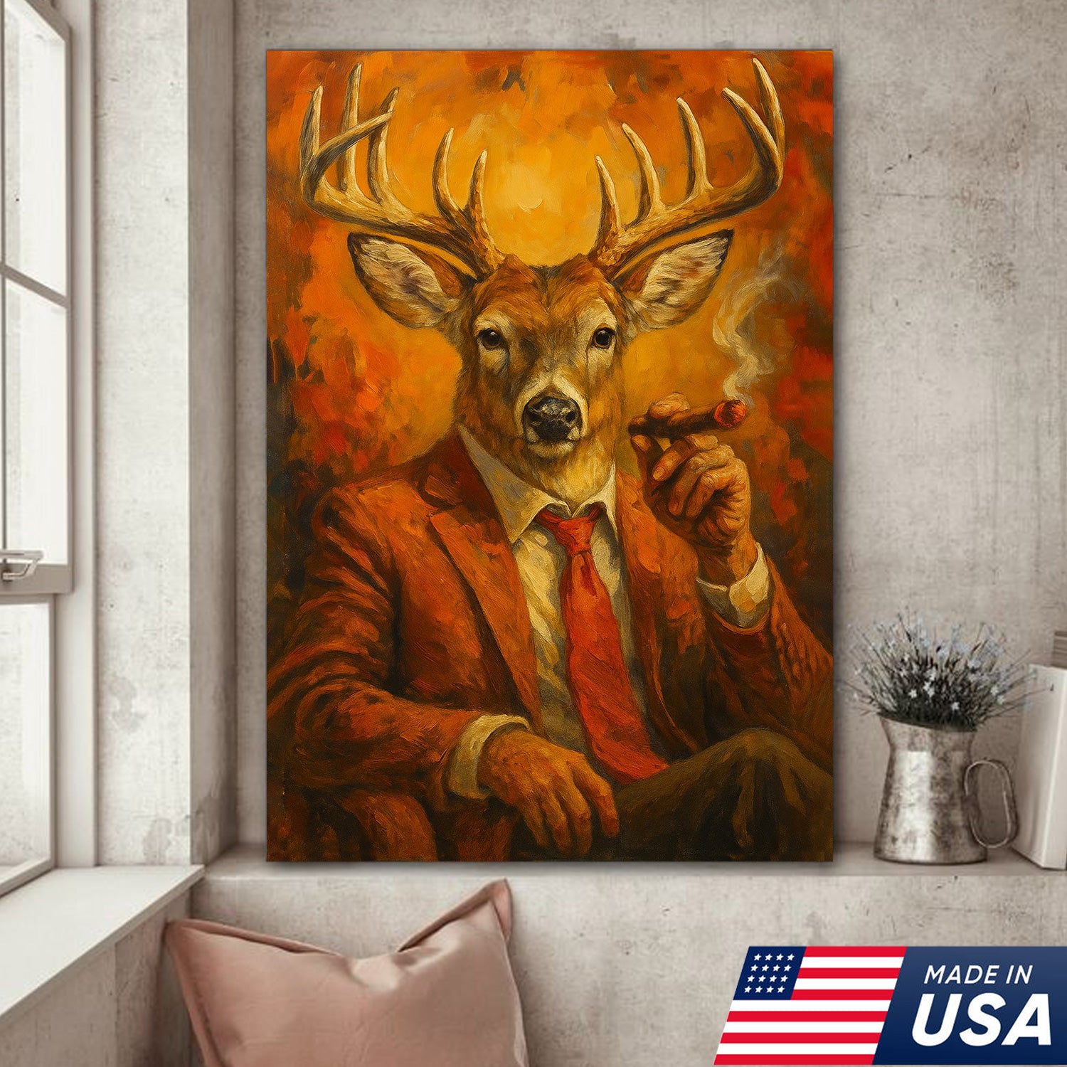 Deer Smoking Canvas, Buck Wall Art Print in Suit for Man Cave, Rustic Hunting Cabin & Smoking Lounge