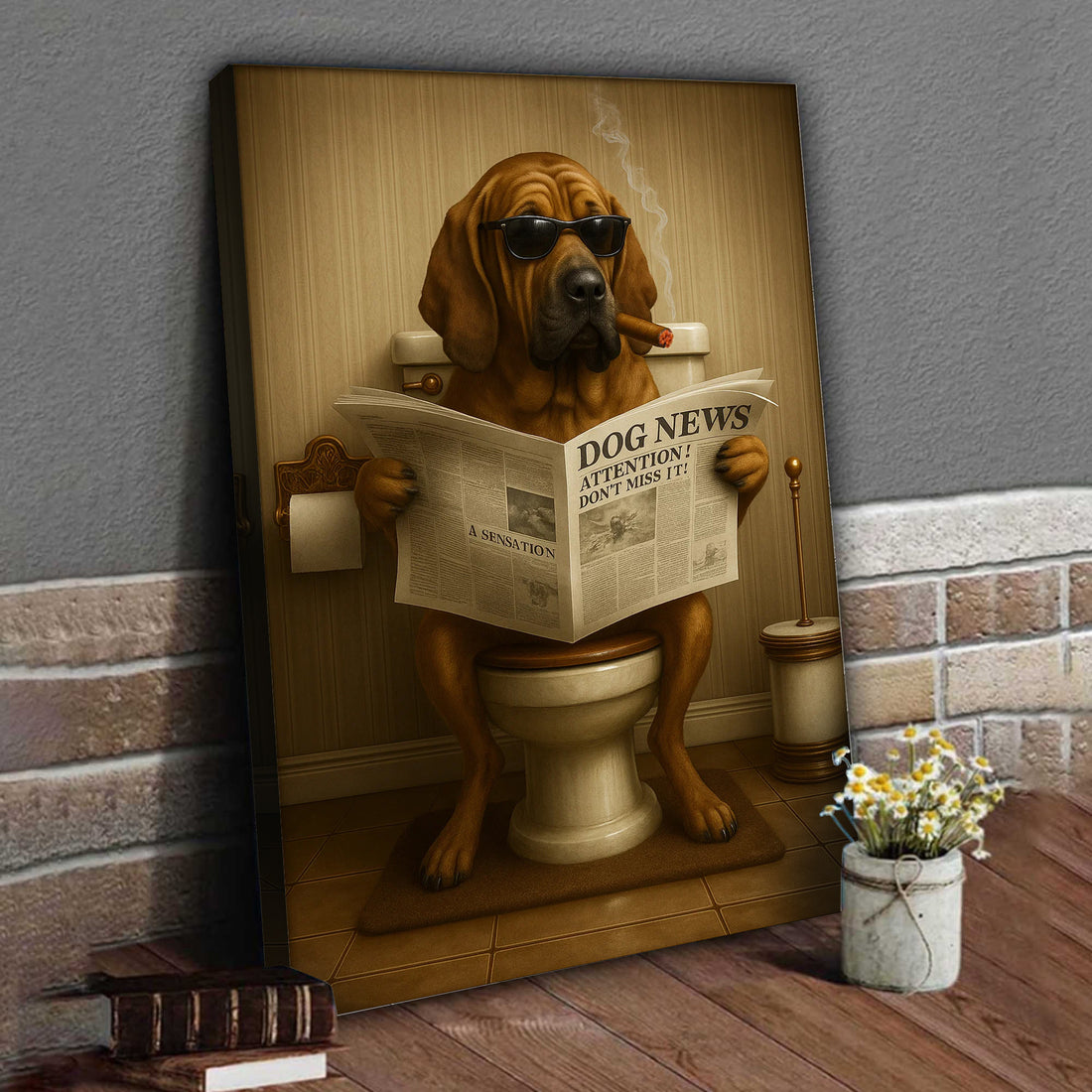 Funny Rustic Dog Bathroom Canvas – Bloodhound Smoking Reading ‘Dog News’ - Hunting Hunters Cabin Decor, Gift for Dad or Husband