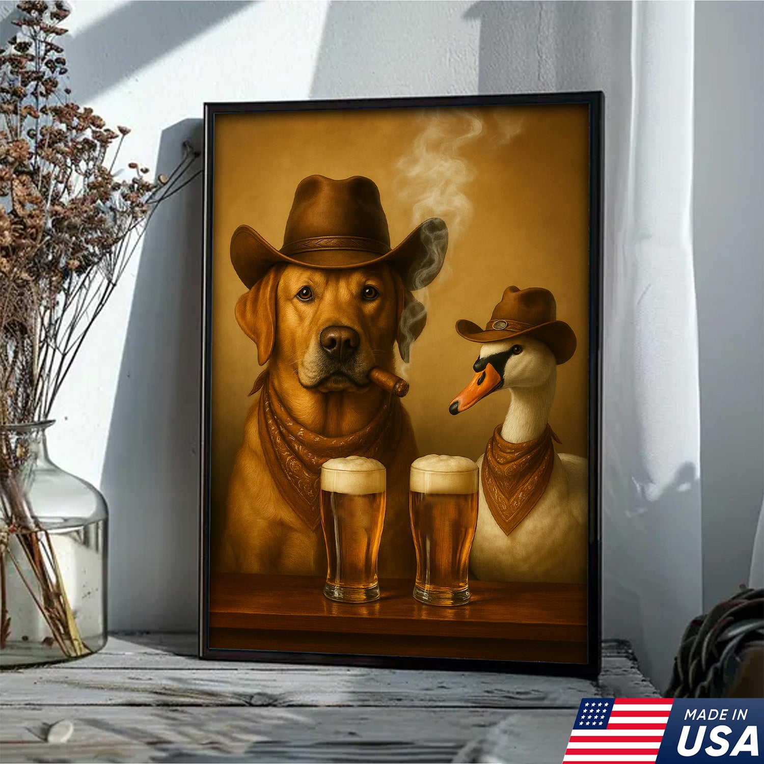 Funny Cowboy Dog & Geese Wall Art Canvas – Funny Beer & Smoking Canvas for Hunters, Cabin, Bar & Man Cave Decor