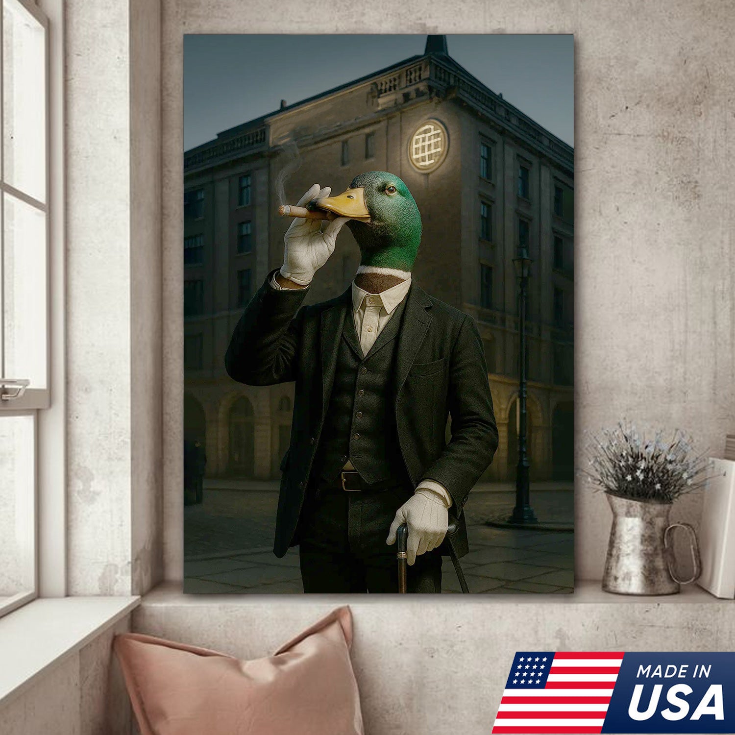 Mallard Gentleman Canvas – Duck in Suit Portrait, Vintage Noir Animal Wall Art for Office & Cabin