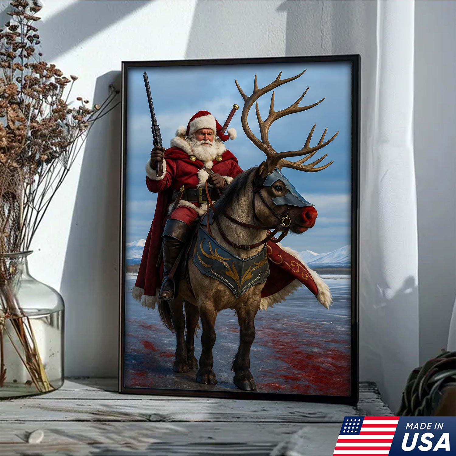 Epic Santa Riding Reindeer Canvas Wall Art, Fantasy Warrior Santa on Armored Reindeer Poster, Winter Christmas Wall Decor Print
