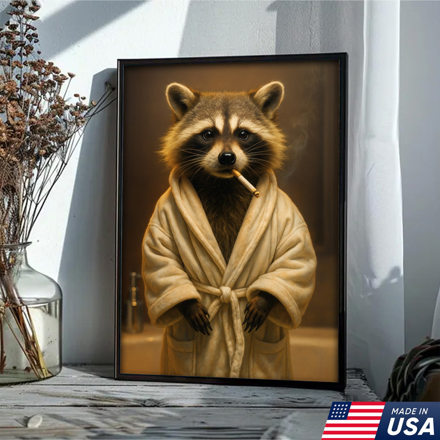 Hilarious Raccoon Bathrobe Canvas – Cozy Bathroom Humor Wall Art, Man Cave Decor