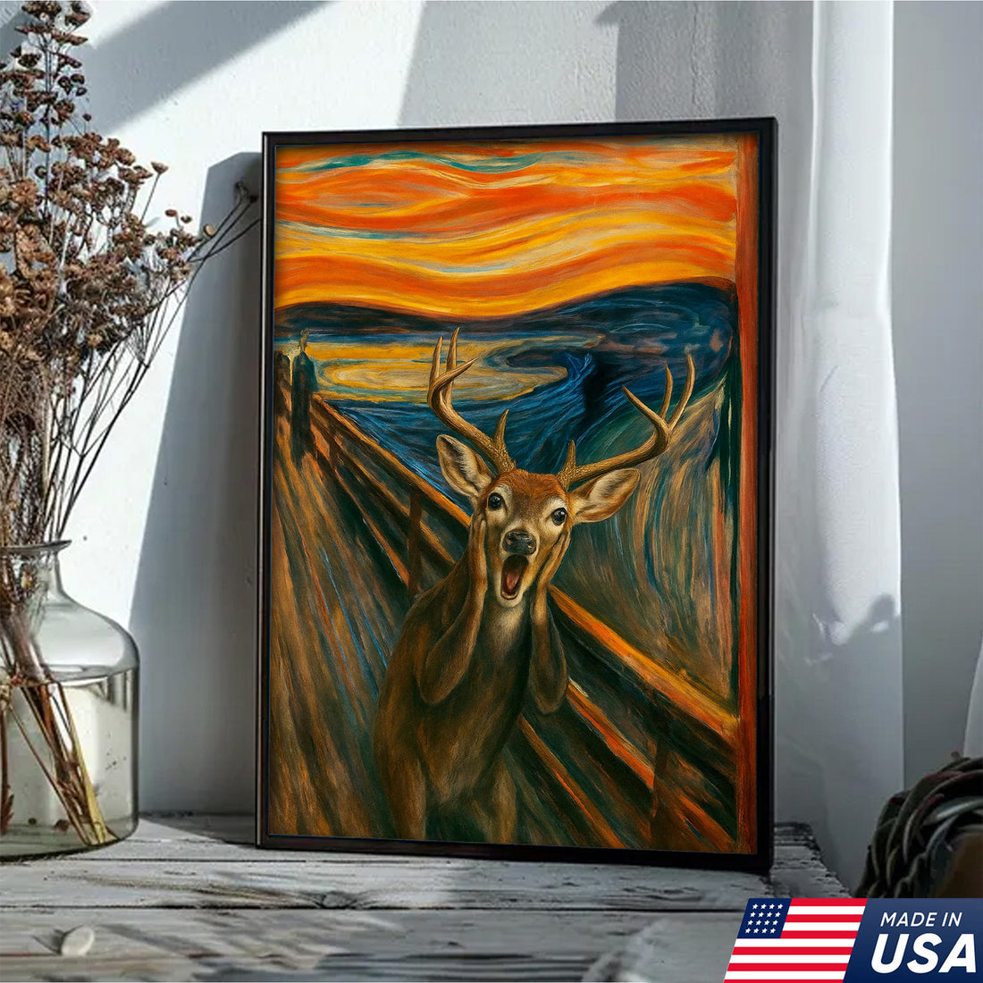 Funny Deer Wall Art Canvas – The Scream Parody Hunting Decor – Rustic Wildlife Home Decoration