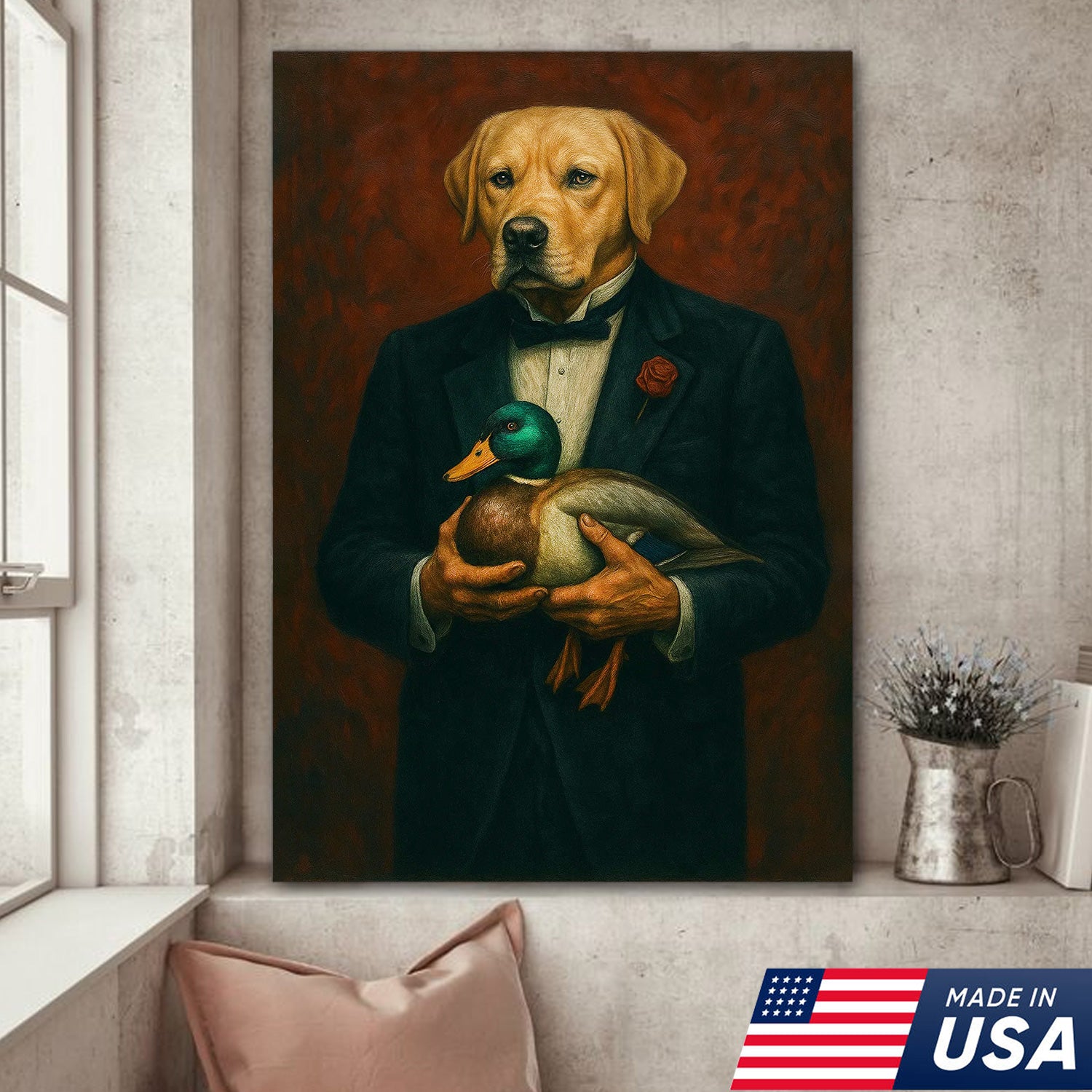 Yellow Labrador Retriever Canvas Wall Art – Distinguished Dog in Tuxedo Holding Mallard Duck – Elegant Hunting Dog Portrait Decor