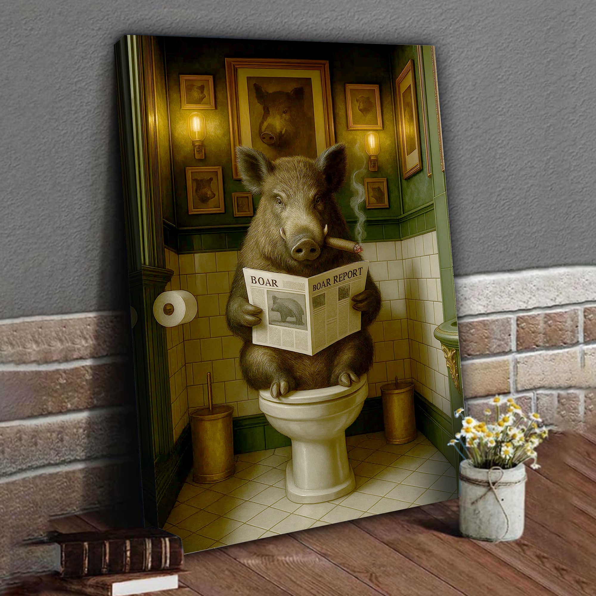 Boar Reading News Smoking Bathroom Wall Art – Rustic Decor for Men, Hilarious Gift for Men, Hunter