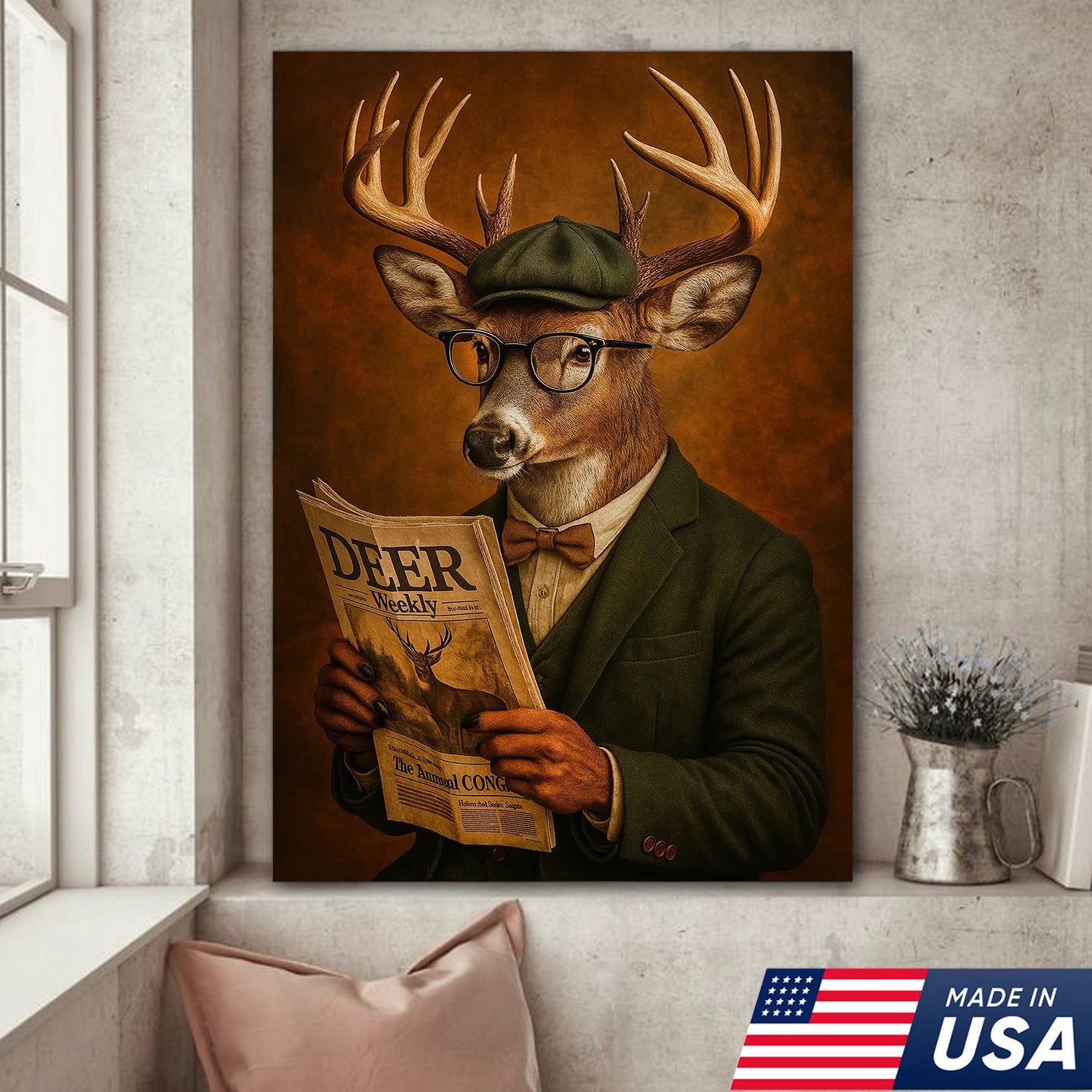 Funny Deer Gentleman Reading Newspaper Canvas – Rustic Hunting Lodge Wall Art