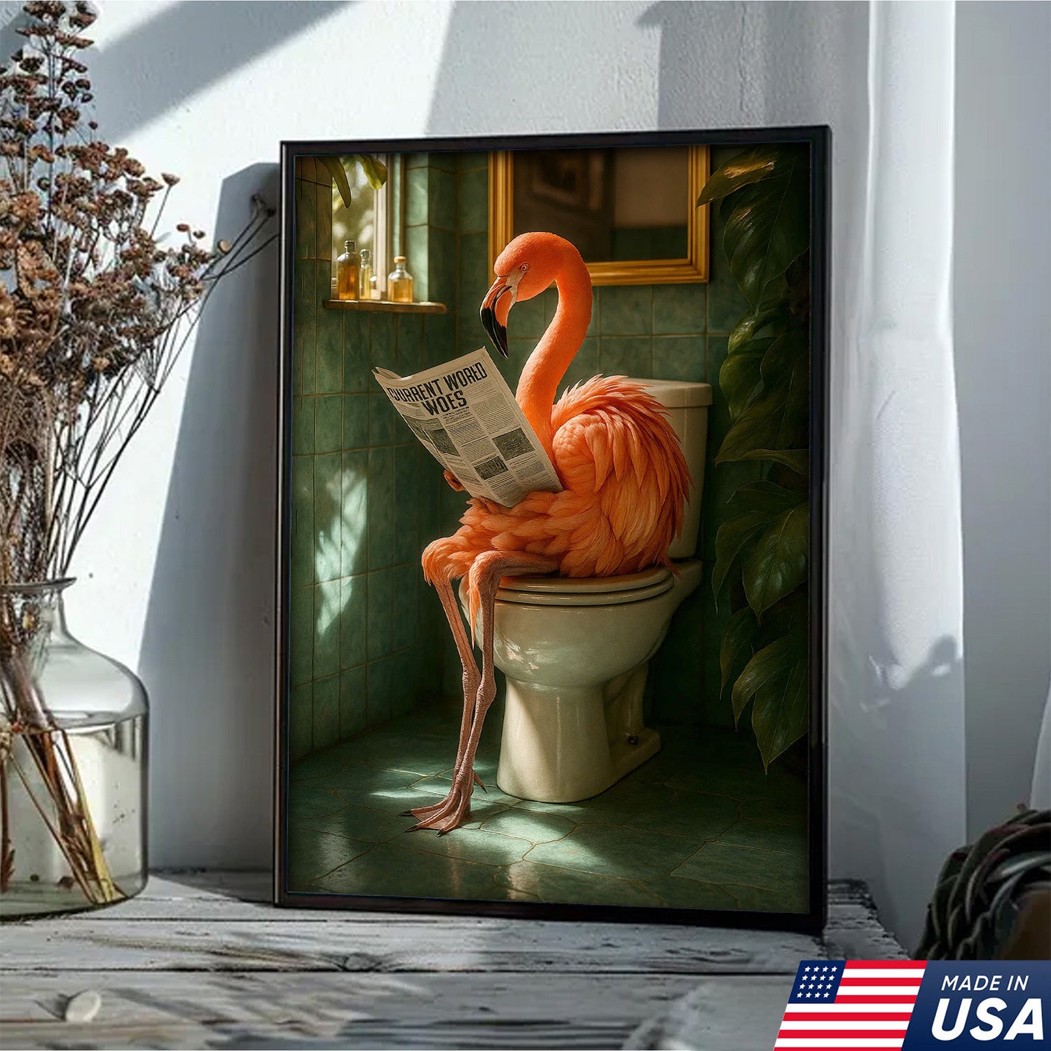 Funny Flamingo Bathroom Canvas Wall Art – Quirky Bird Reading Newspaper Print – Humorous Home Decor