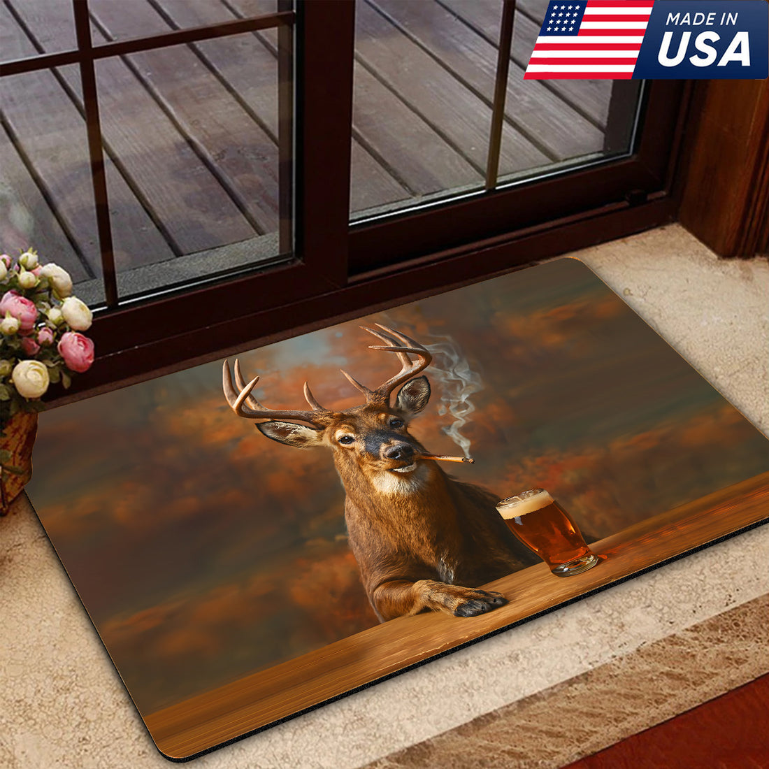 Deer Smoking & Bar Glassware Doormat – Funny Hunting Cabin Rug, Man Cave & Outdoor Decor Gift