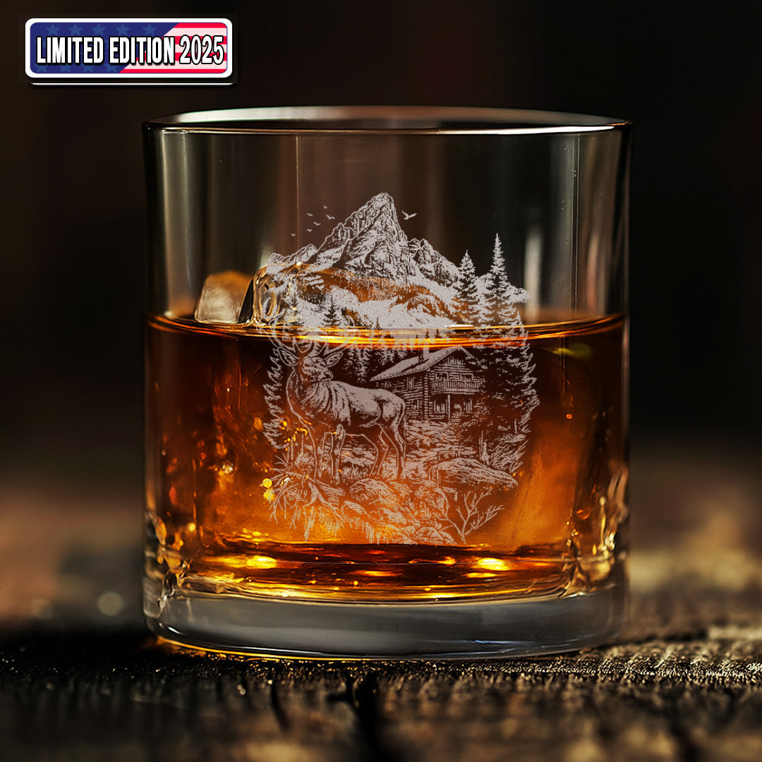 Deer Forest Whiskey Glass – Custom Engraved Mountain Cabin Hunting Gift for Outdoorsmen 2025 Limited Edition