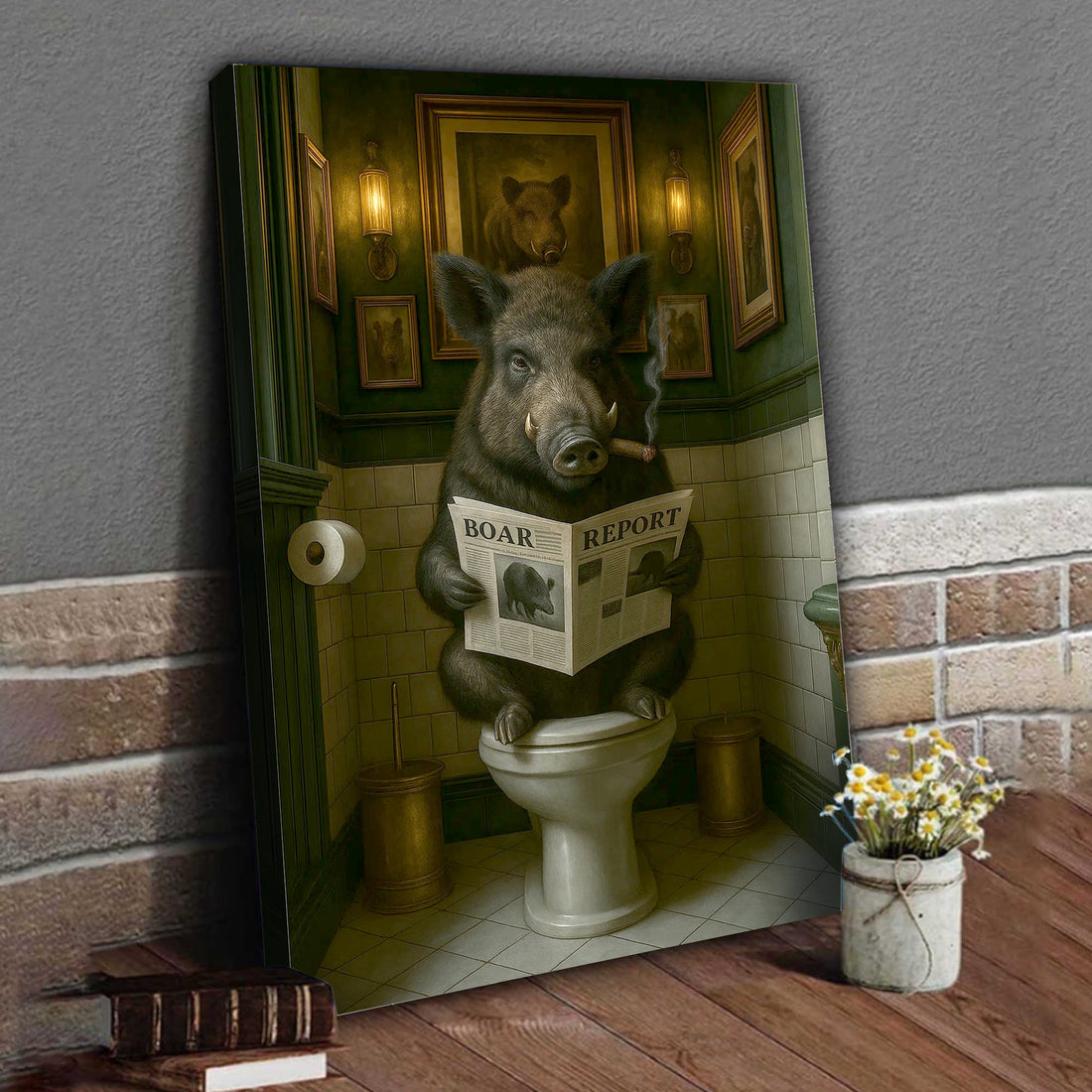 Funny Comical Wild Hog Poster – Smoking Boar on Toilet - Unique Rustic Gift for Hunters or Cabin Bathroom Decor