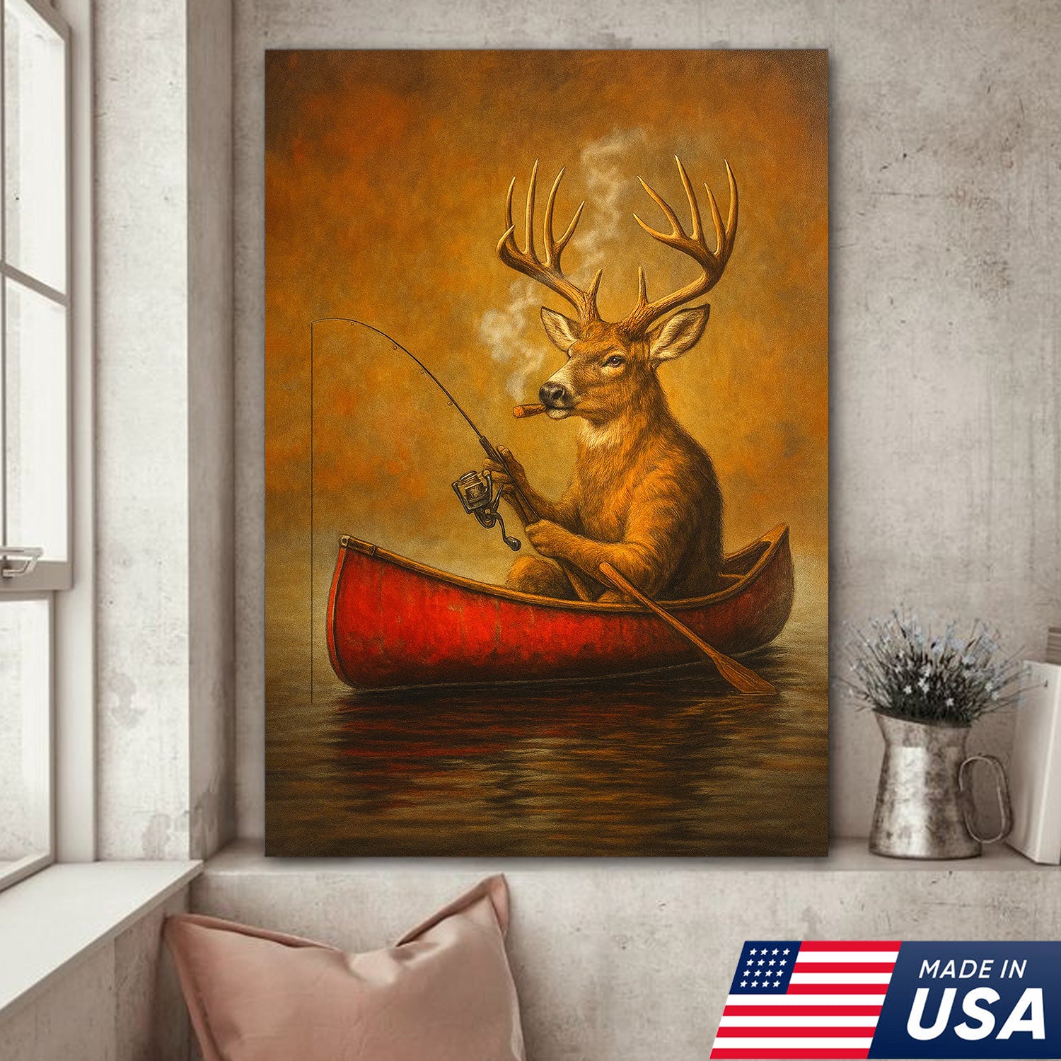 Funny Mule Deer Fishing Canvas Wall Art, Rustic Cabin & Lodge Decor for Hunters & Fishermen