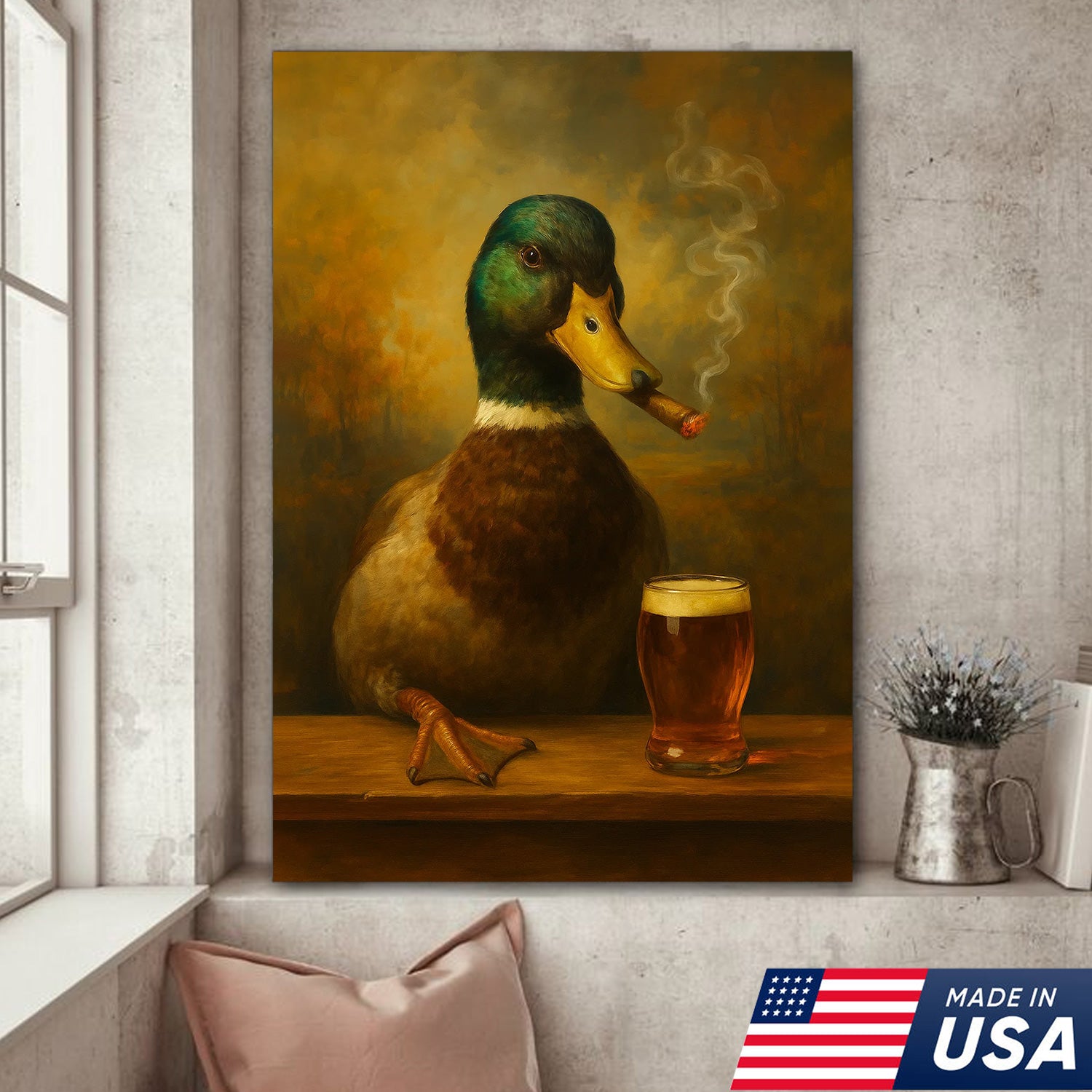 Funny Mallard Duck Smoking & Drinking Cocktail Glasses Canvas Wall Art - Rustic Hunting Perfect Gift for Hunters & Cocktail Glasses Lovers