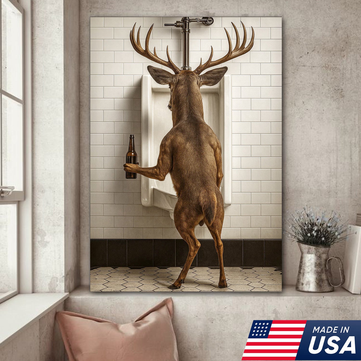 Deer Holding Beer and Standing at the Urinal Canvas – Hilarious Bathroom Wall Art for Rustic Cabin & Man Cave