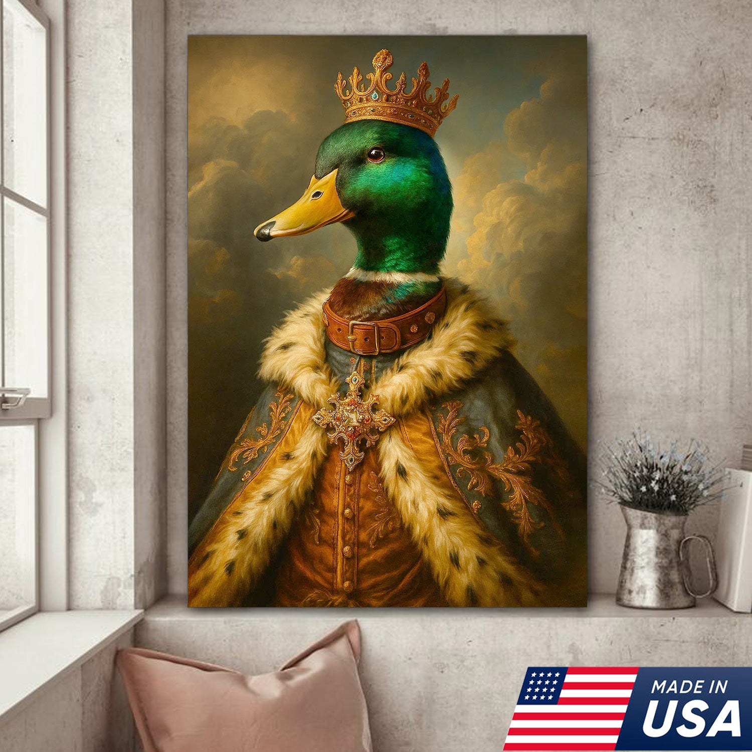 Royal Mallard King Canvas – Crowned Duck Portrait Wall Art, Vintage Baroque Animal Print
