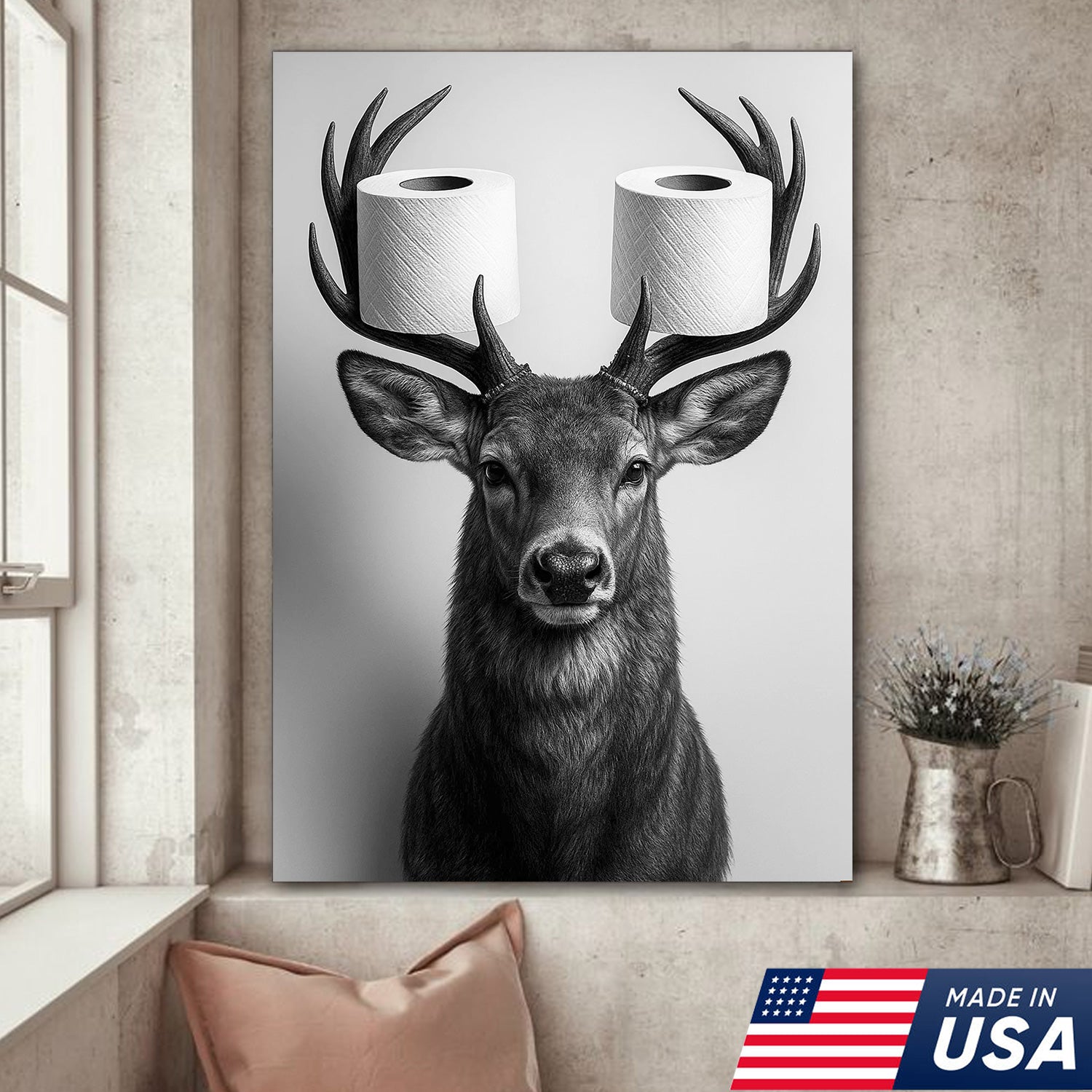 Deer Canvas Wall Art - Funny Animal Portrait with Toilet Paper on Antlers - Black and White Bathroom Decor Print